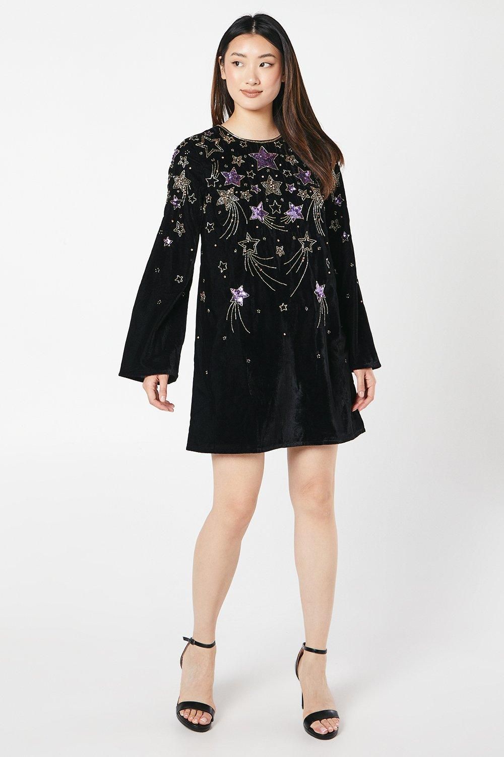 Coast Party Sequin Star Long Sleeve Velvet Mini Swing Dress Black image 4