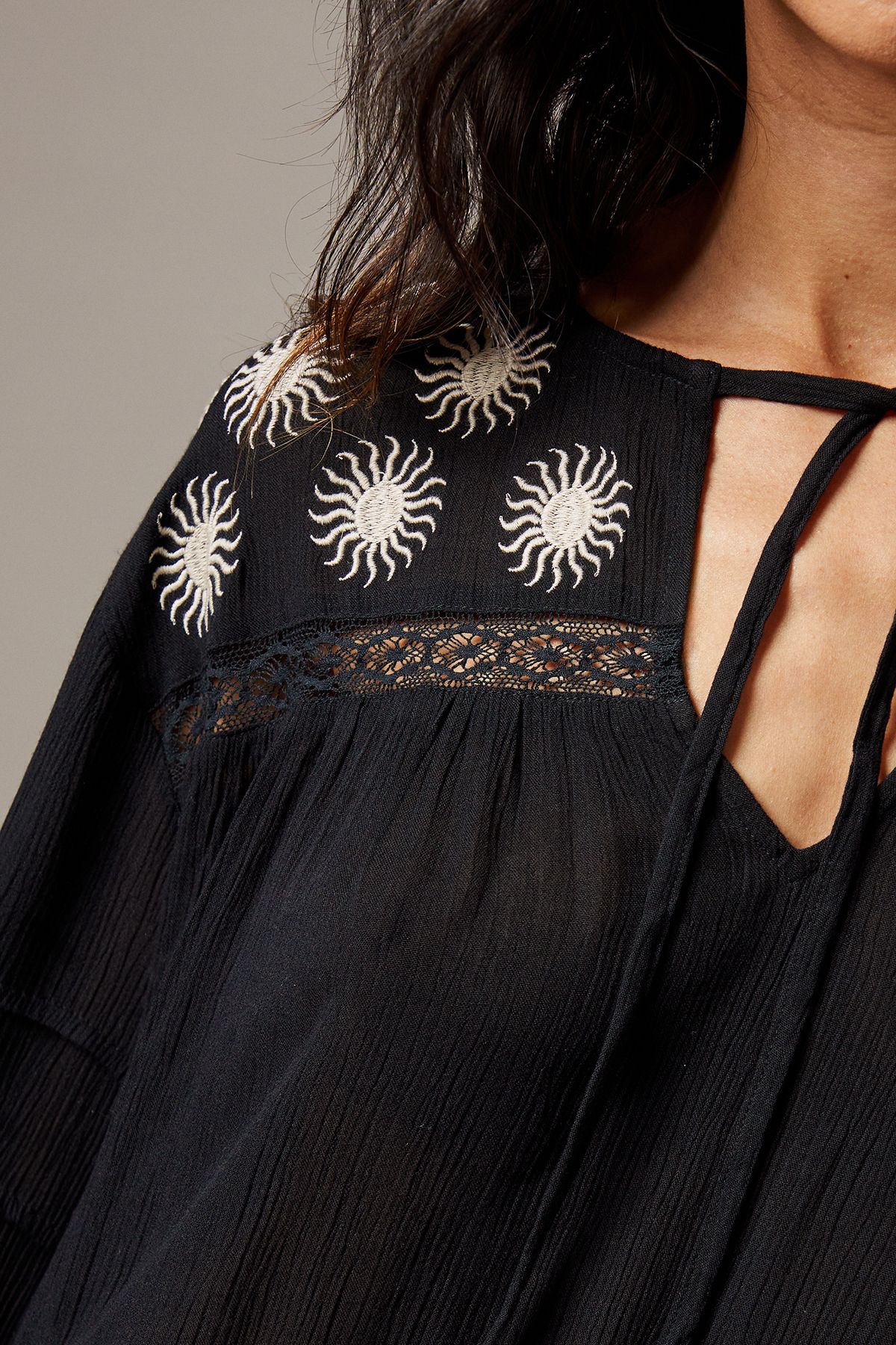 Warehouse Cheesecloth Embroidered Trim Insert Midi Smock Dress Black image 5