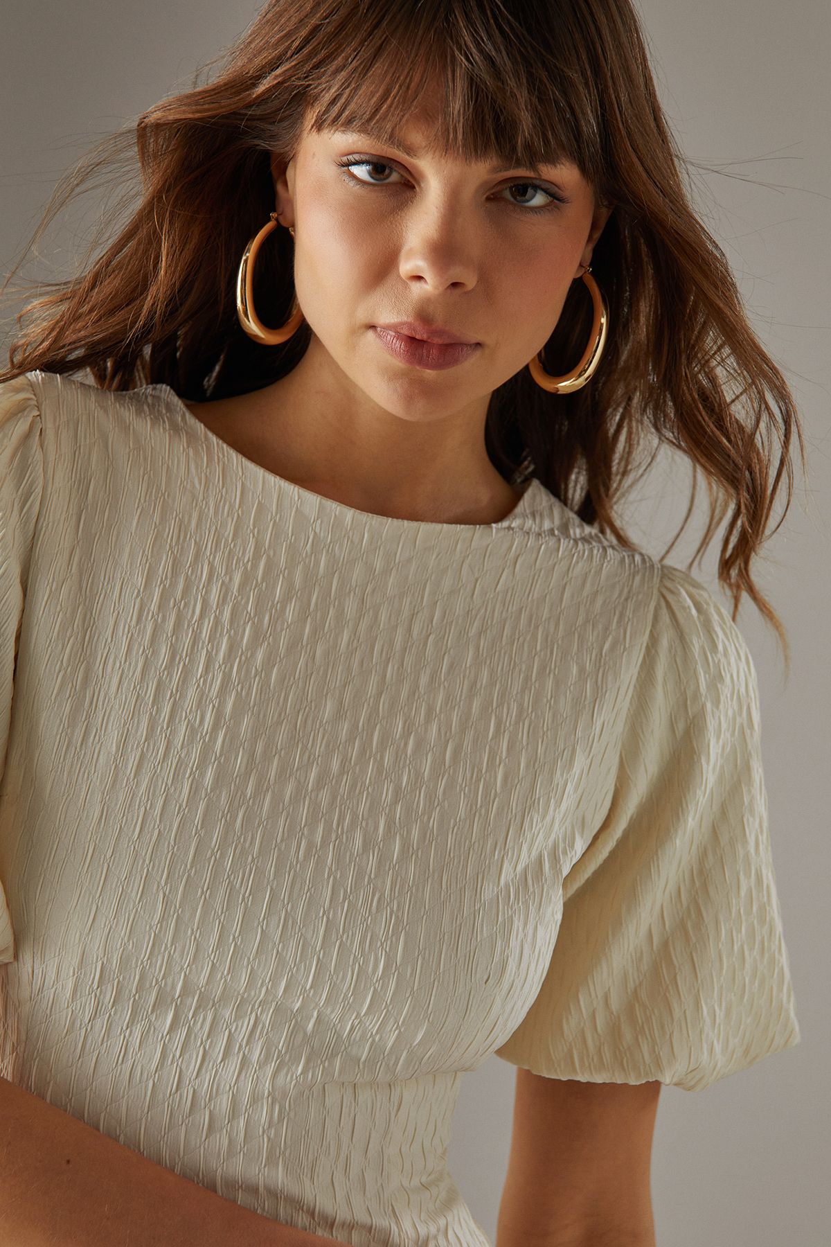 Warehouse Seersucker Organza Godet Side Puff Sleeve Midi Dress Cream image 4