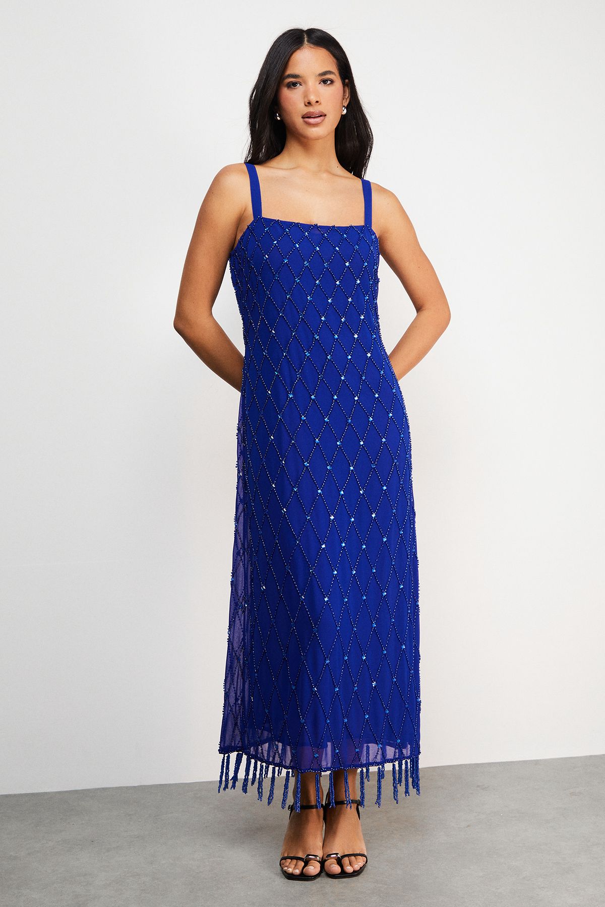 Warehouse Hand Embellished Strappy Sequin Fringe Hem Midi Dress Cobalt