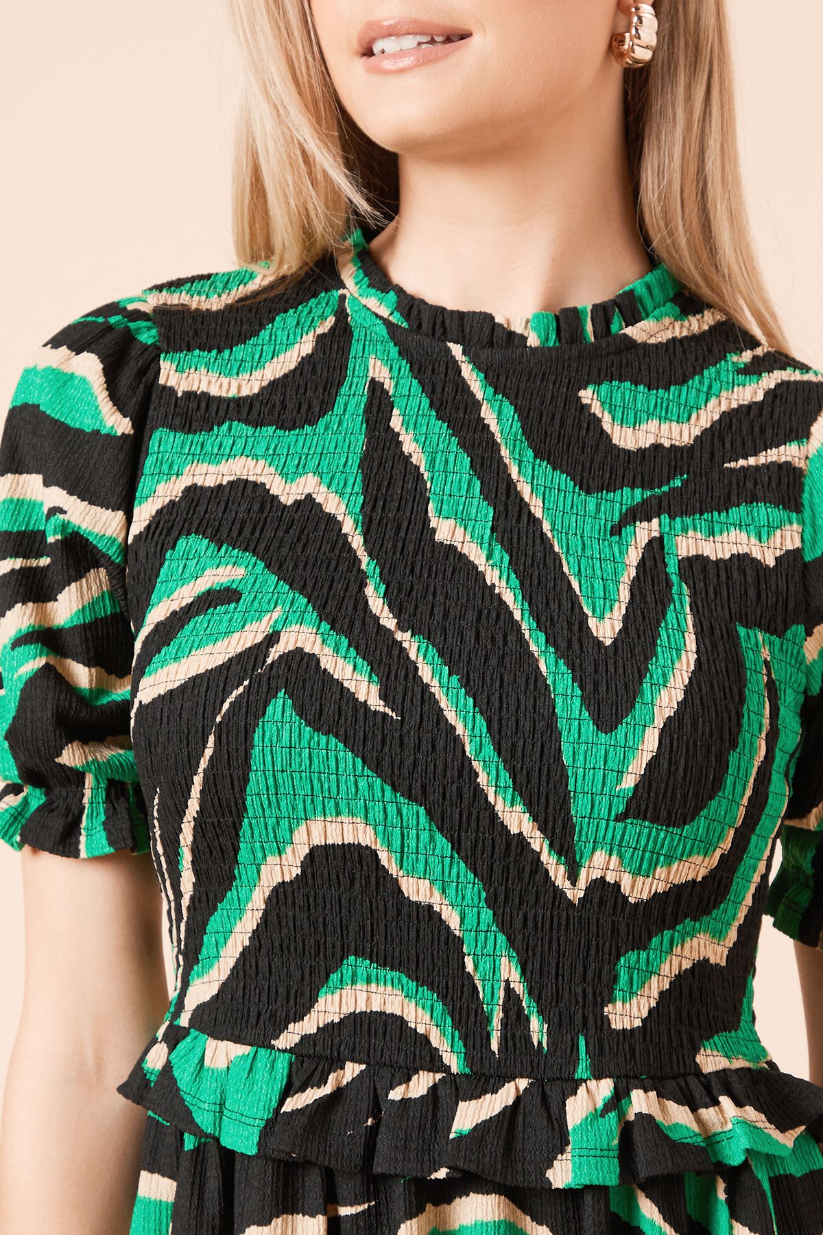 Dorothy Perkins Puff Sleeve Zebra Shirred Bodice Peplum Jersey Midi Dress Zebra image 5