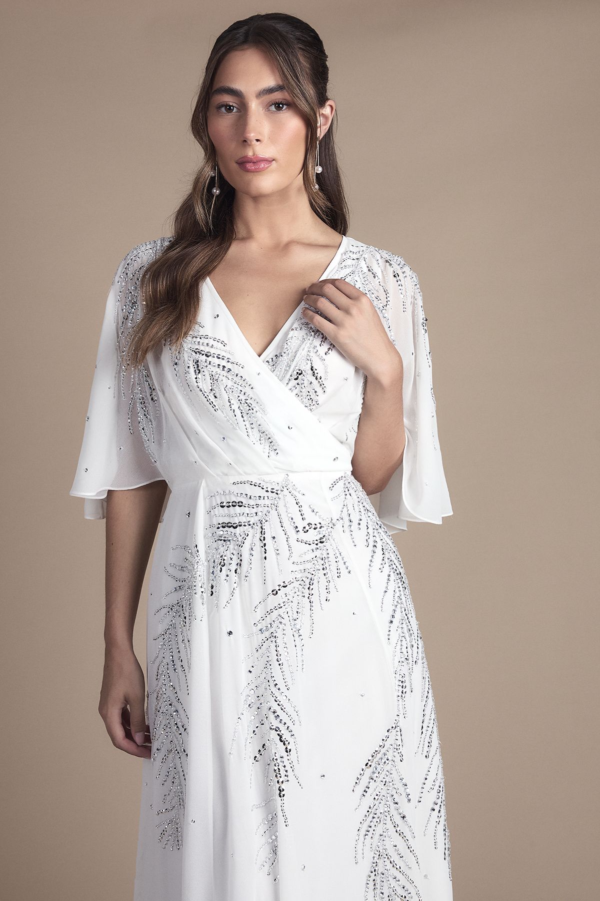 Coast Sequin and Embellished Angel Sleeve Wrap Detail Maxi Wedding Dress with Cape Back Ivory image 2