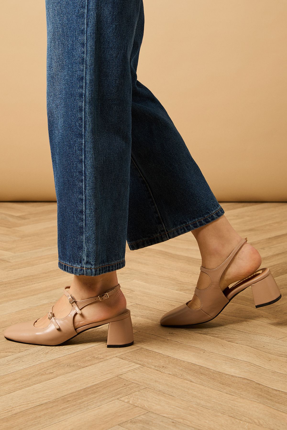 Oasis Imorina Faux Leather Double Mary Jane Slingback Medium Block Heeled Shoes Beige image 1