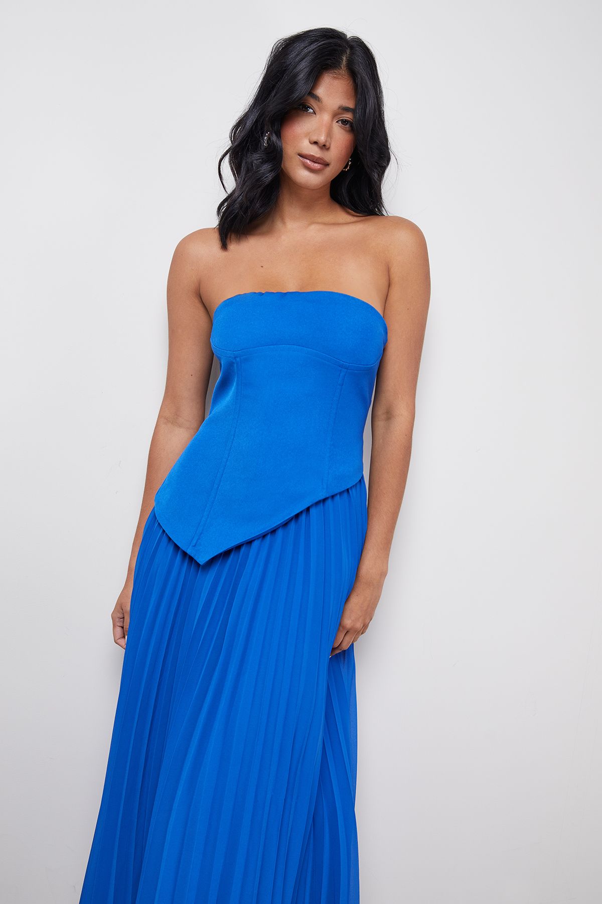 Warehouse Bandeau Bodice Pleated Chiffon Midi Dress Cobalt image 2