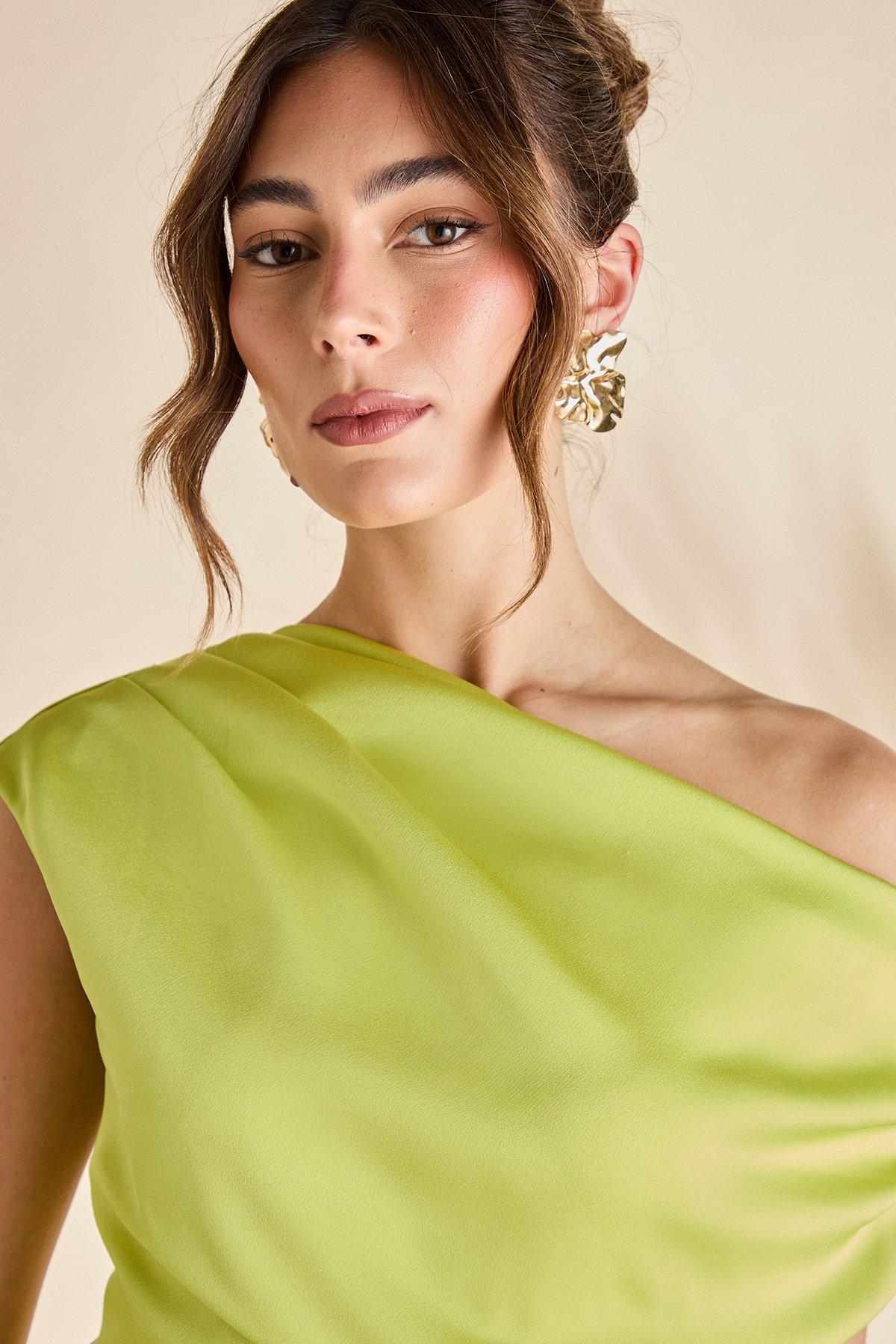 Coast Satin Ruched One Shoulder Asymmetric Hem Midi Dress Olive image 4