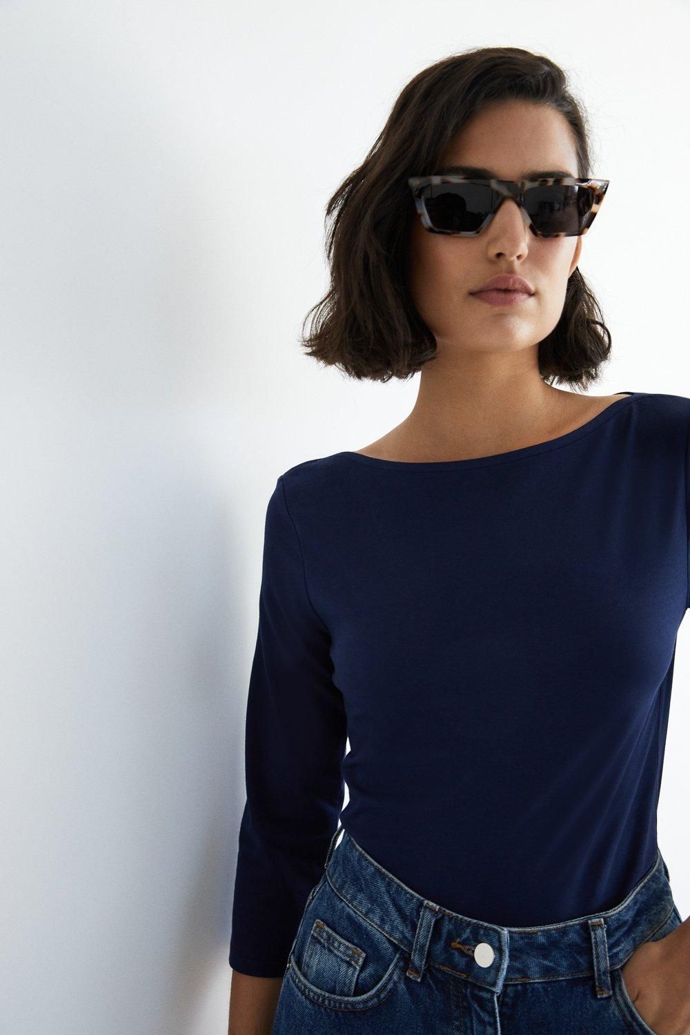 Warehouse Slash Neck 3/4 Sleeve Top Navy image 2