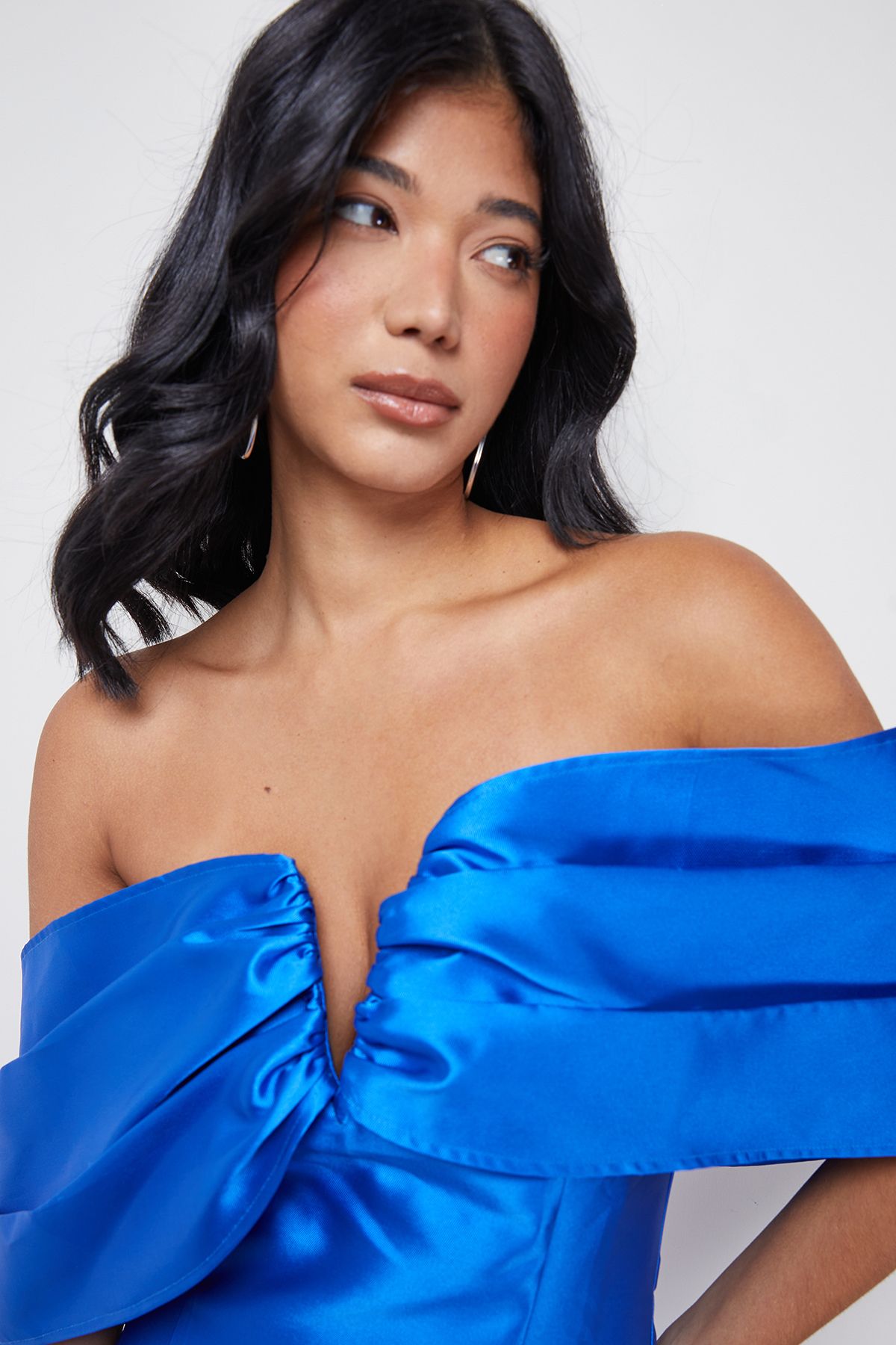 Warehouse Satin Twill Notch Front Bardot Midi Dress Cobalt image 4