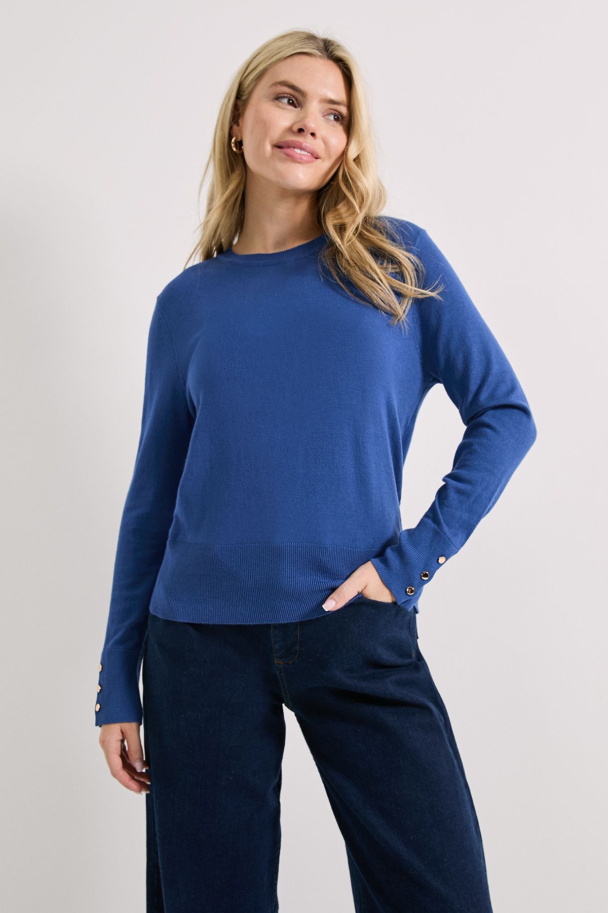 Dorothy Perkins Denim Blue Crew Neck Button Cuff Jumper Denim-blue image 4