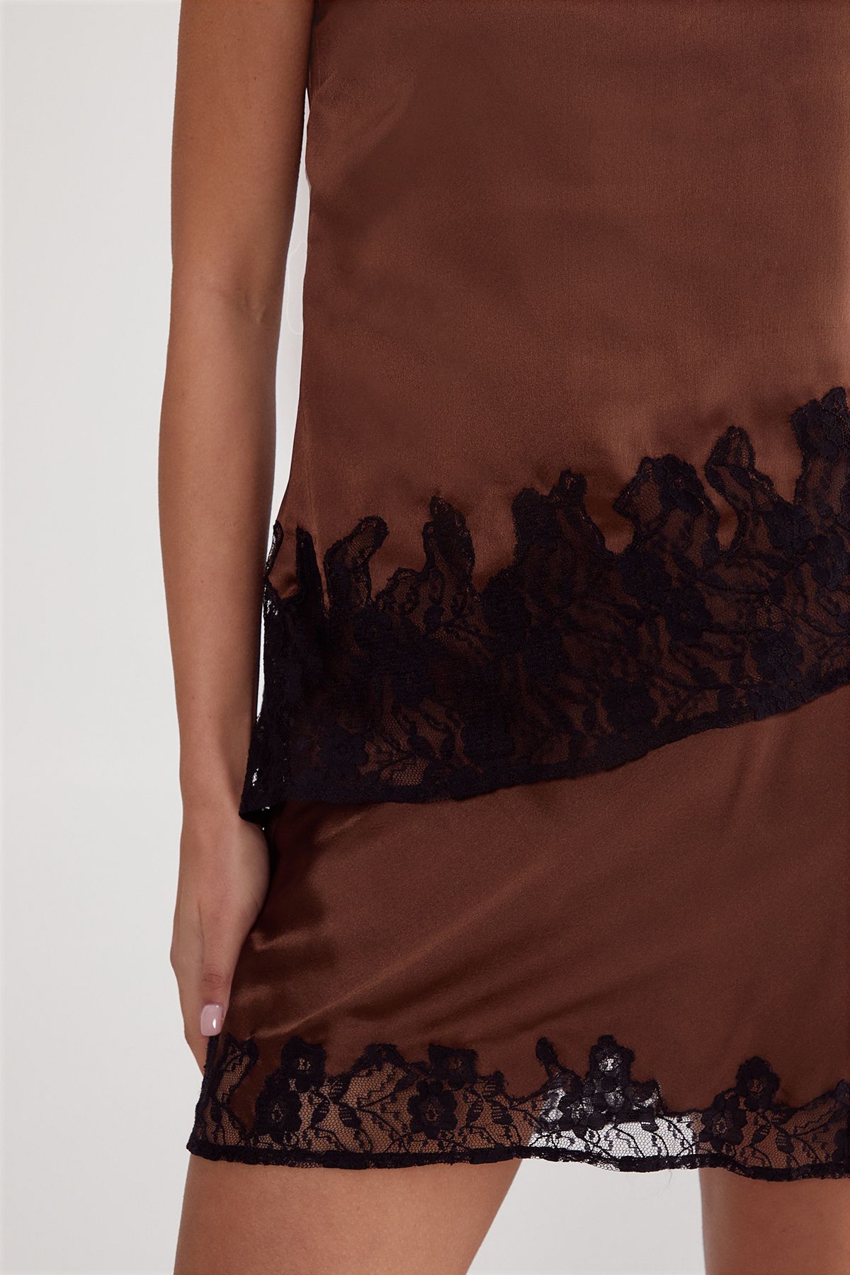 NastyGal Satin Lace Cutwork Bandeau Asymmetric Top Chocolate image 3