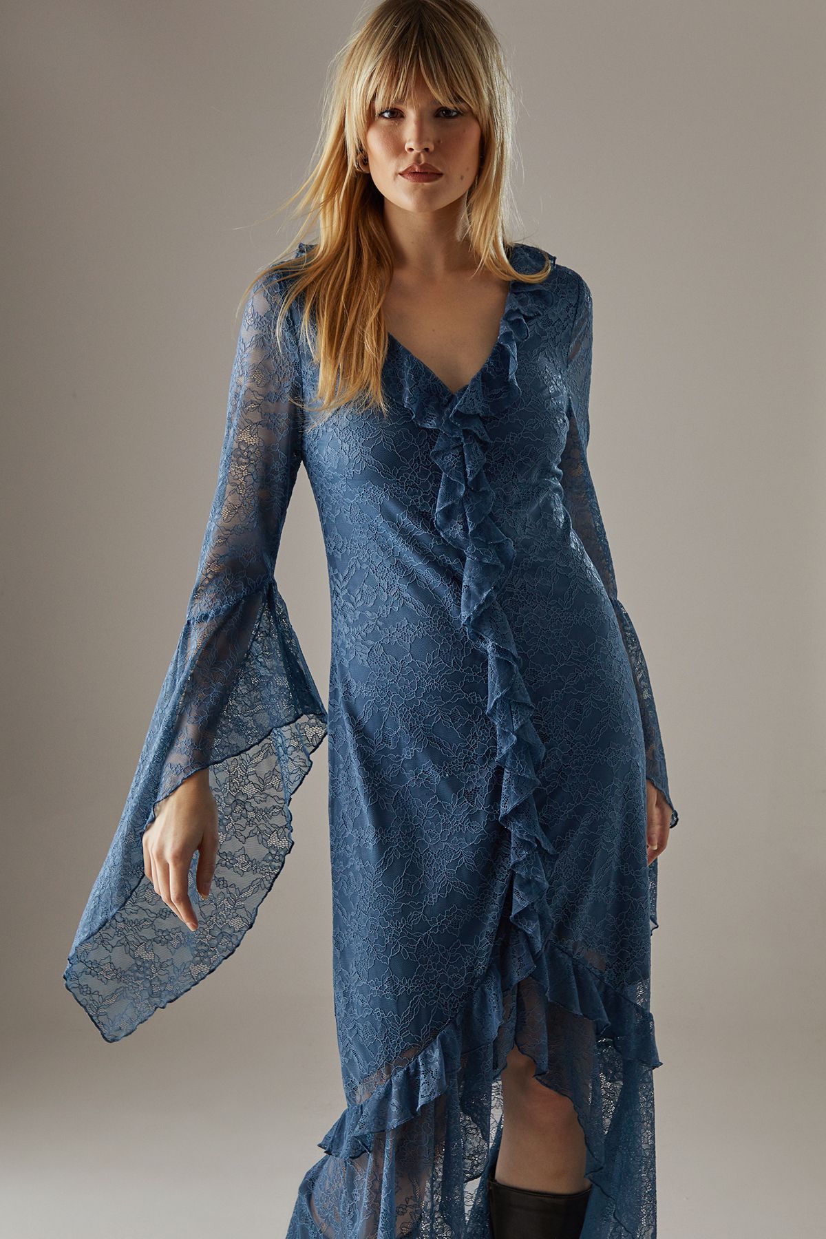Warehouse Lace Button Through Ruffle Maxi Dress Blue image 2