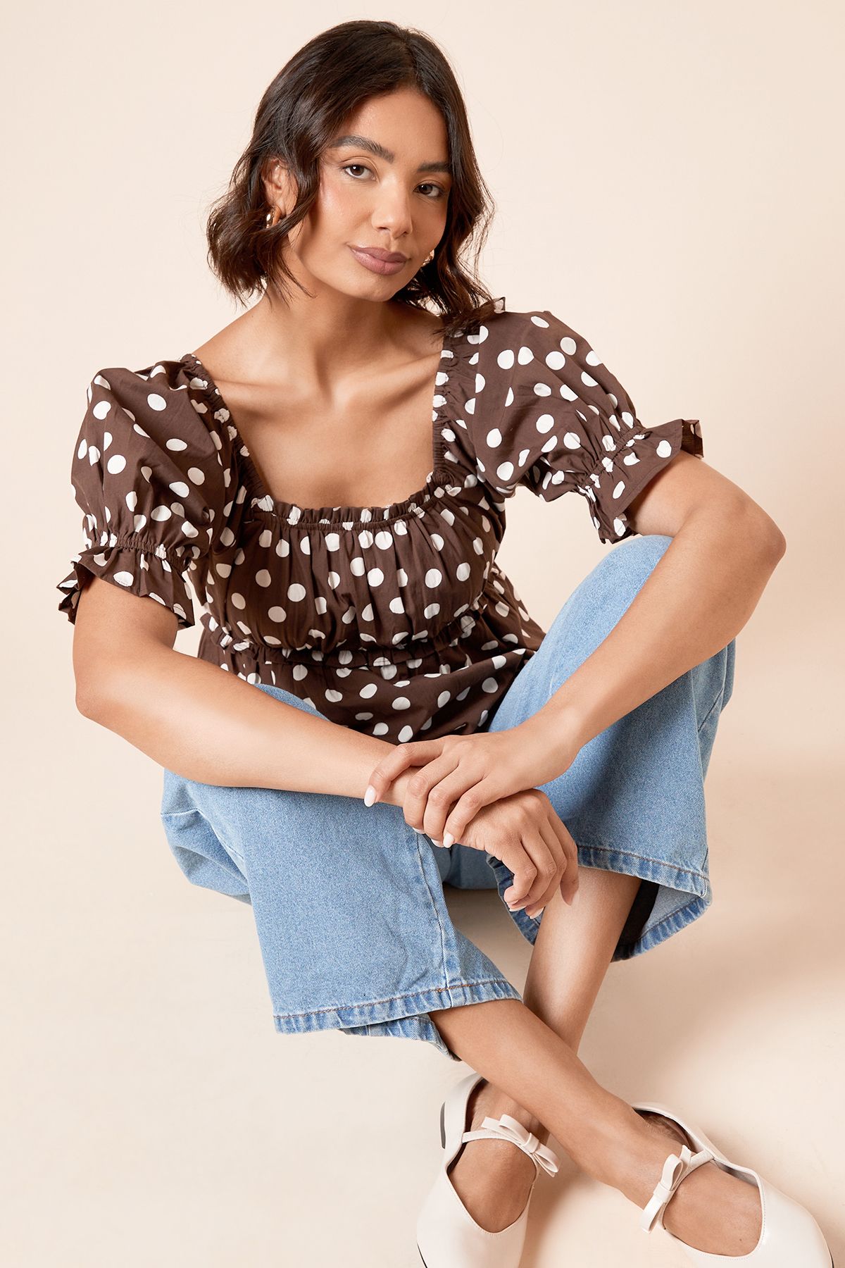 Dorothy Perkins Spot Square Neck Poplin Blouse Brown