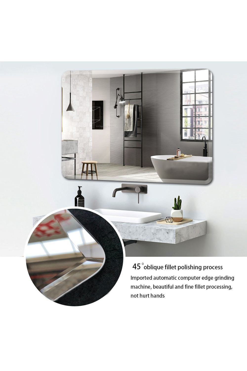 Living and Home Modern Beveled Edge Frameless Rounded Rectangle Wall Mirror image 4