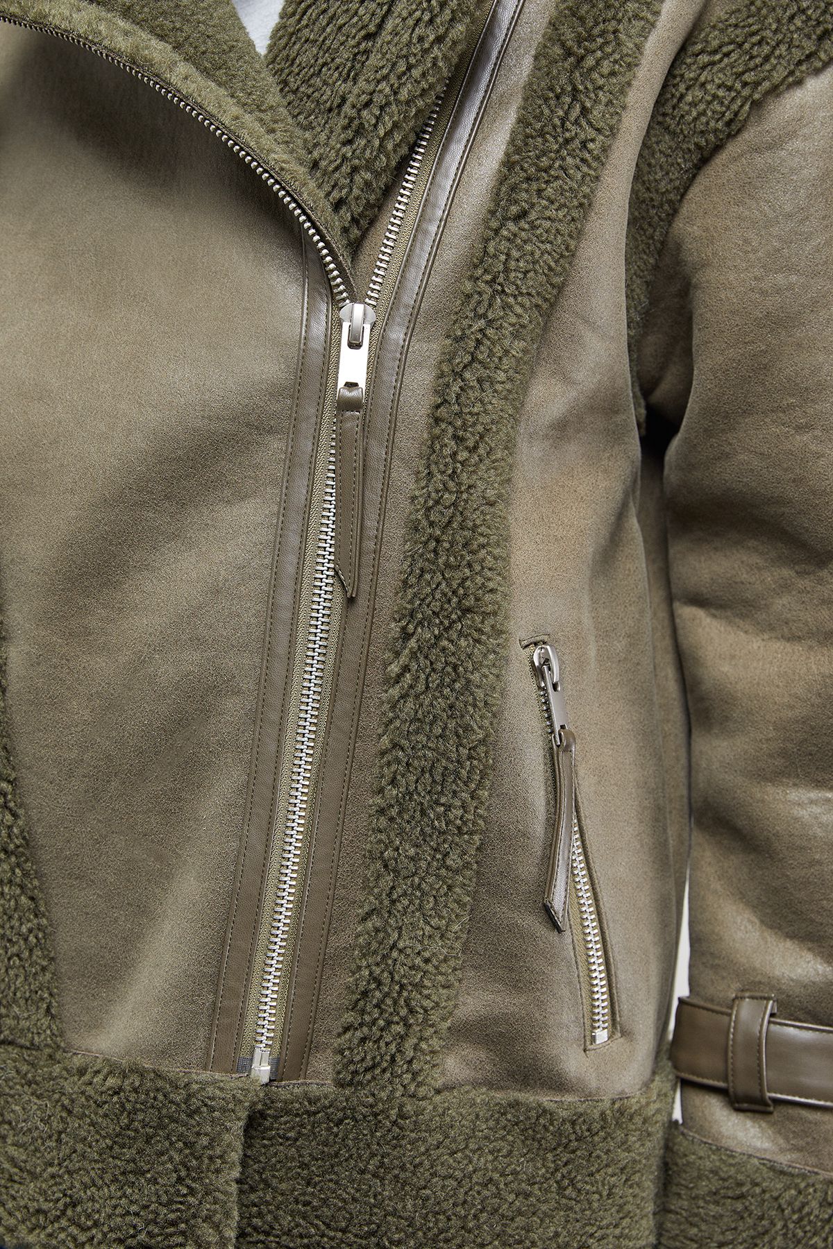 Warehouse Wool Lined Shearling Biker Jacket Khaki image 5