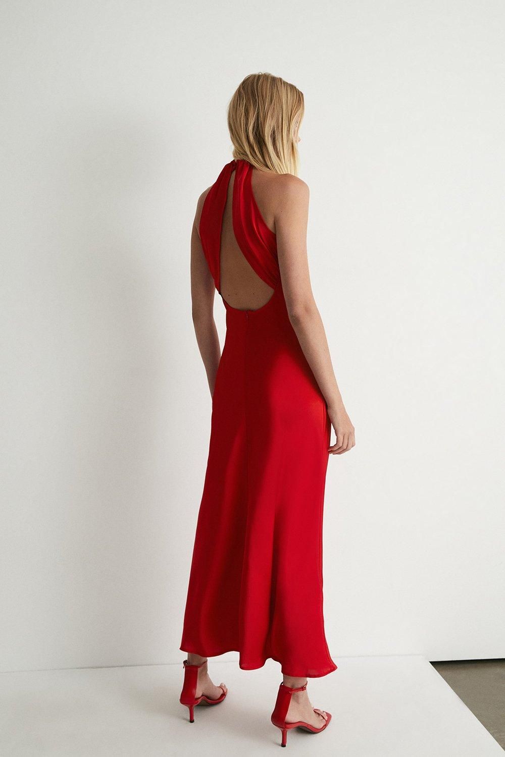 Warehouse Satin Halter Neck Backless Slip Dress Red image 3