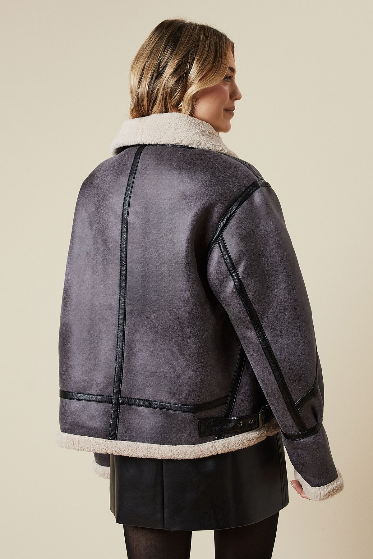 Oasis Faux Suede Borg Detail Aviator Jacket Black image 3