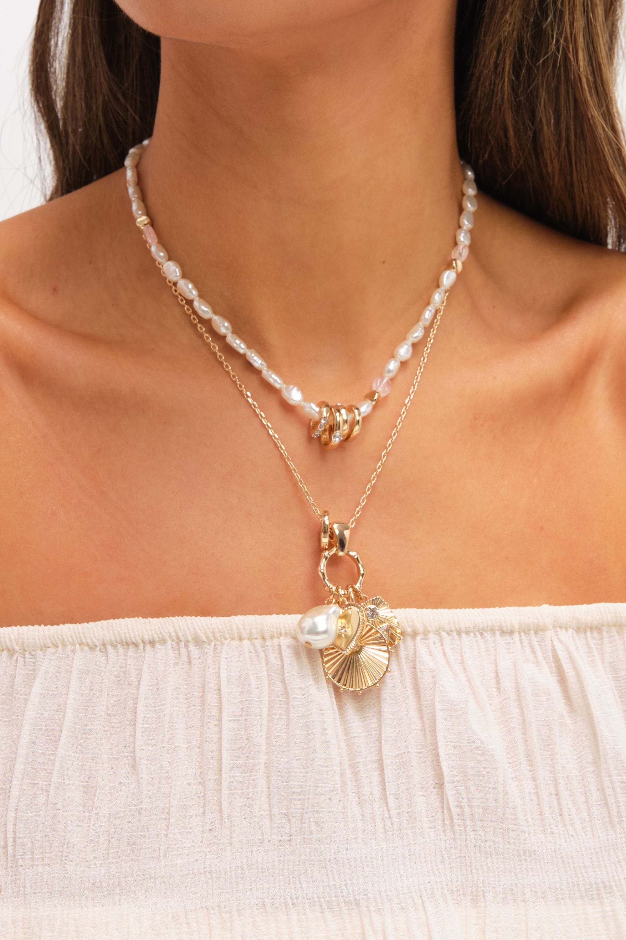 Mood Gold Plated Multi Row Charm Pearl Necklace image 4