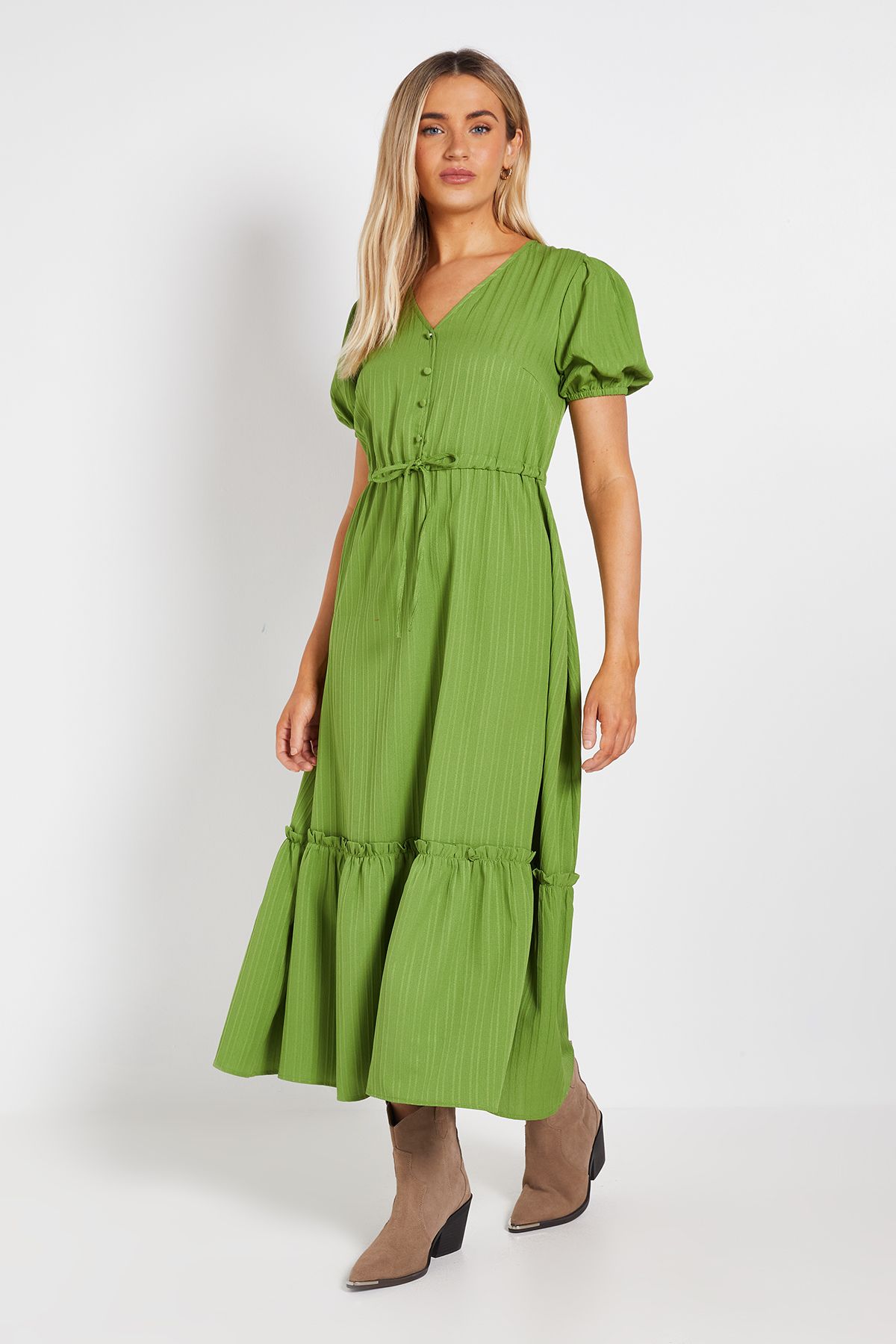 Dorothy Perkins Drawstring Waist Bubble Sleeve Midi Dress Green