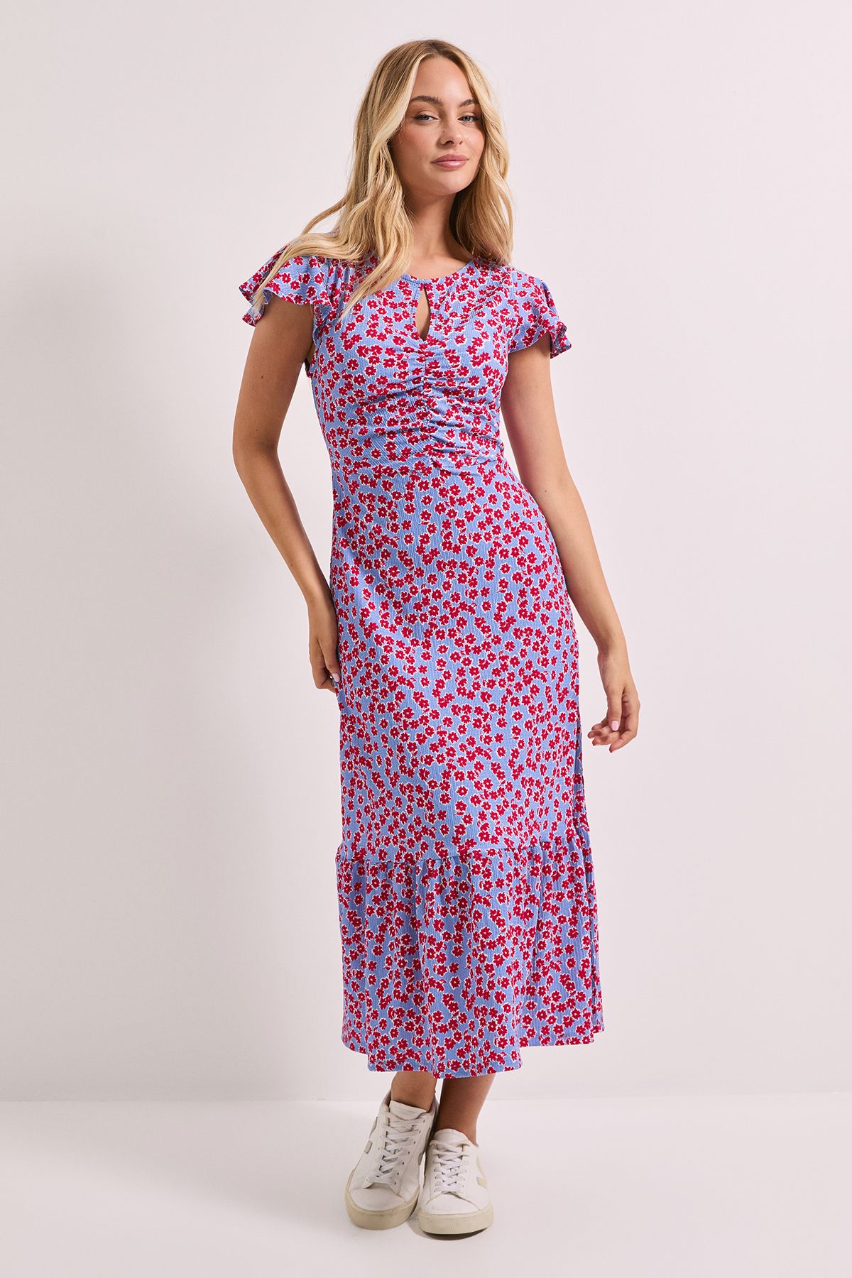 Dorothy Perkins Blue Floral Ruched Front Keyhole Midaxi Dress Blue image 1