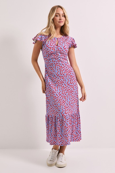 Dorothy Perkins Blue Floral Ruched Front Keyhole Midaxi Dress Blue