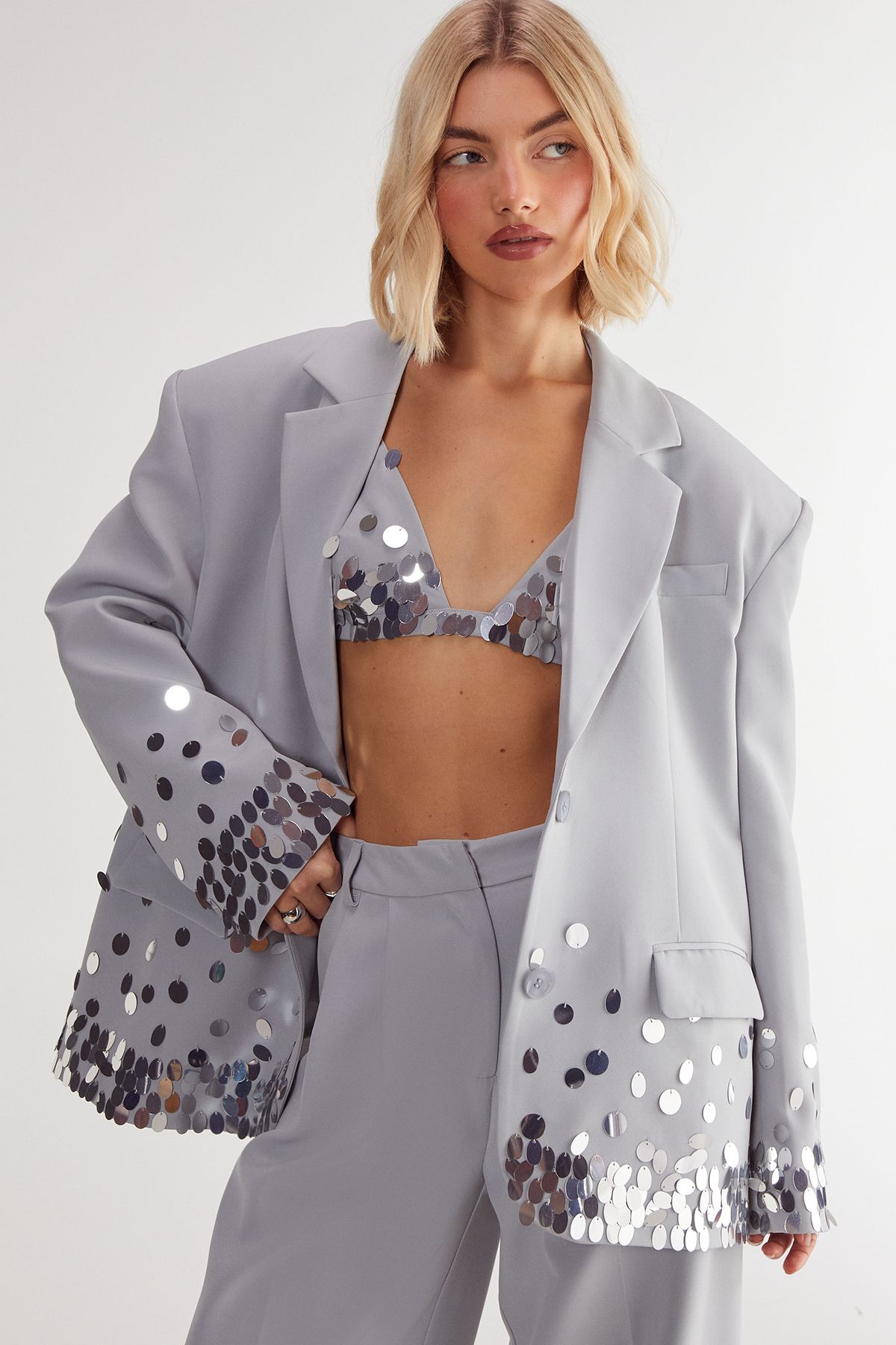NastyGal Hand Embellished Ombre Sequin Blazer Grey image 2