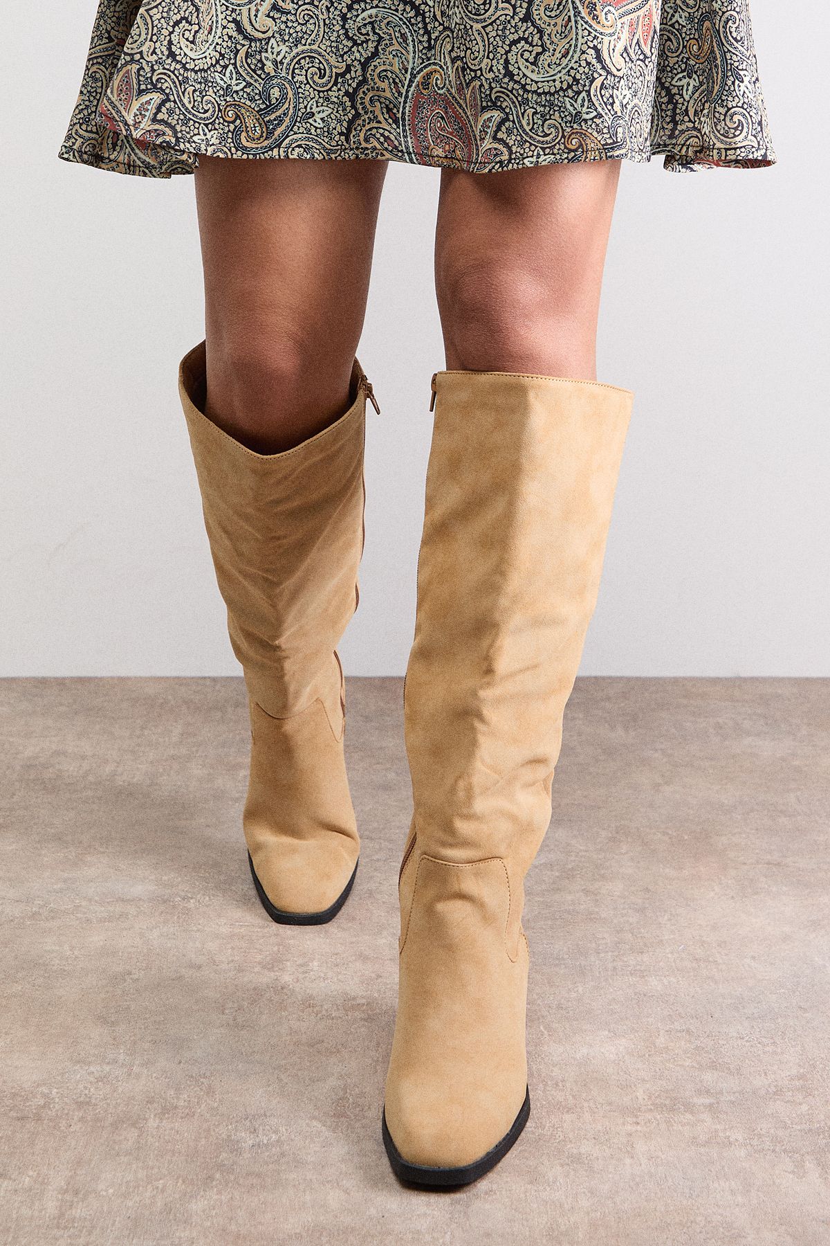 Oasis Ruby Faux Nubuck Leather Western High Block Knee Boot Beige image 3