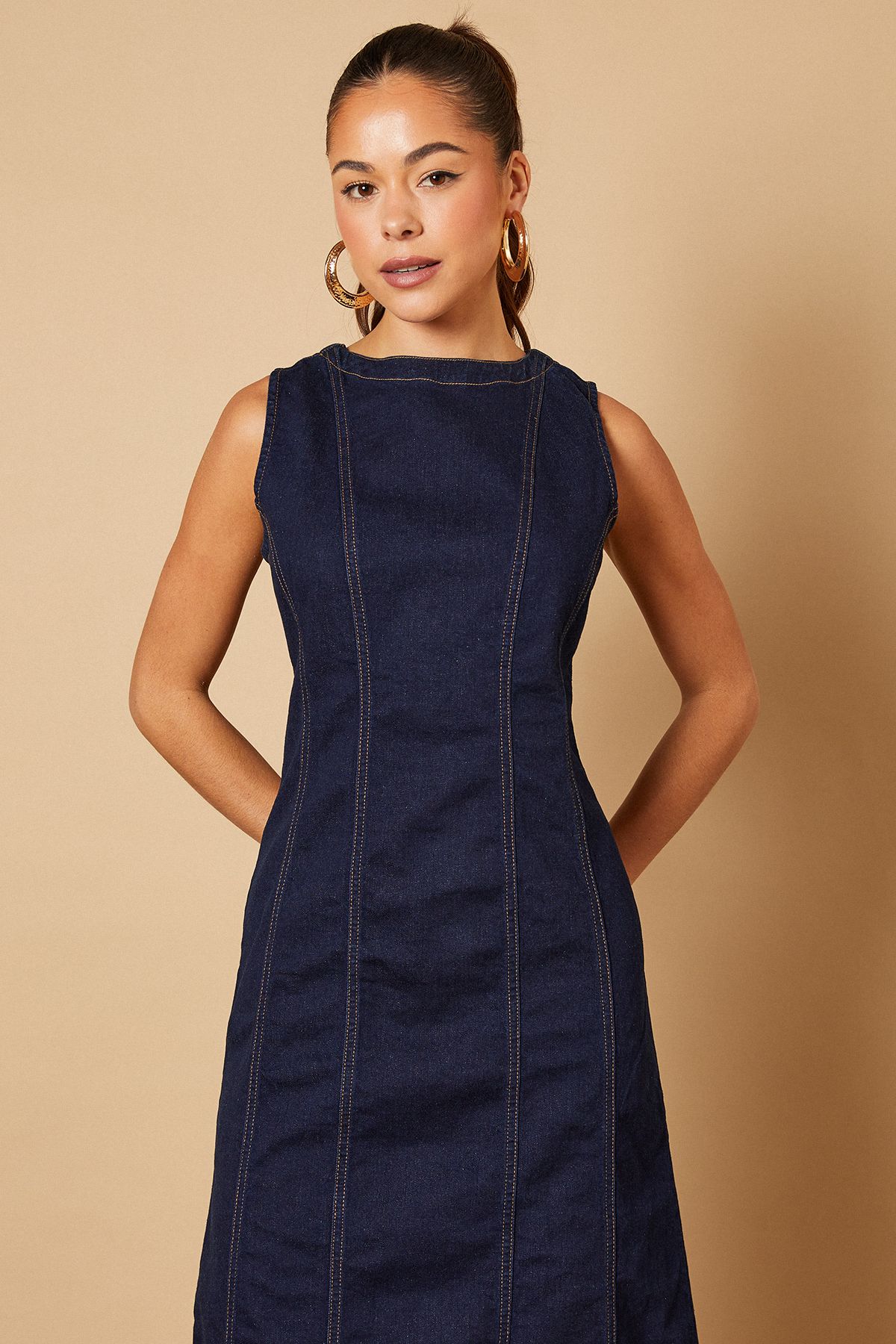 Oasis Sleeveless Denim Maxi Dress With Seam Detail Indigo image 2