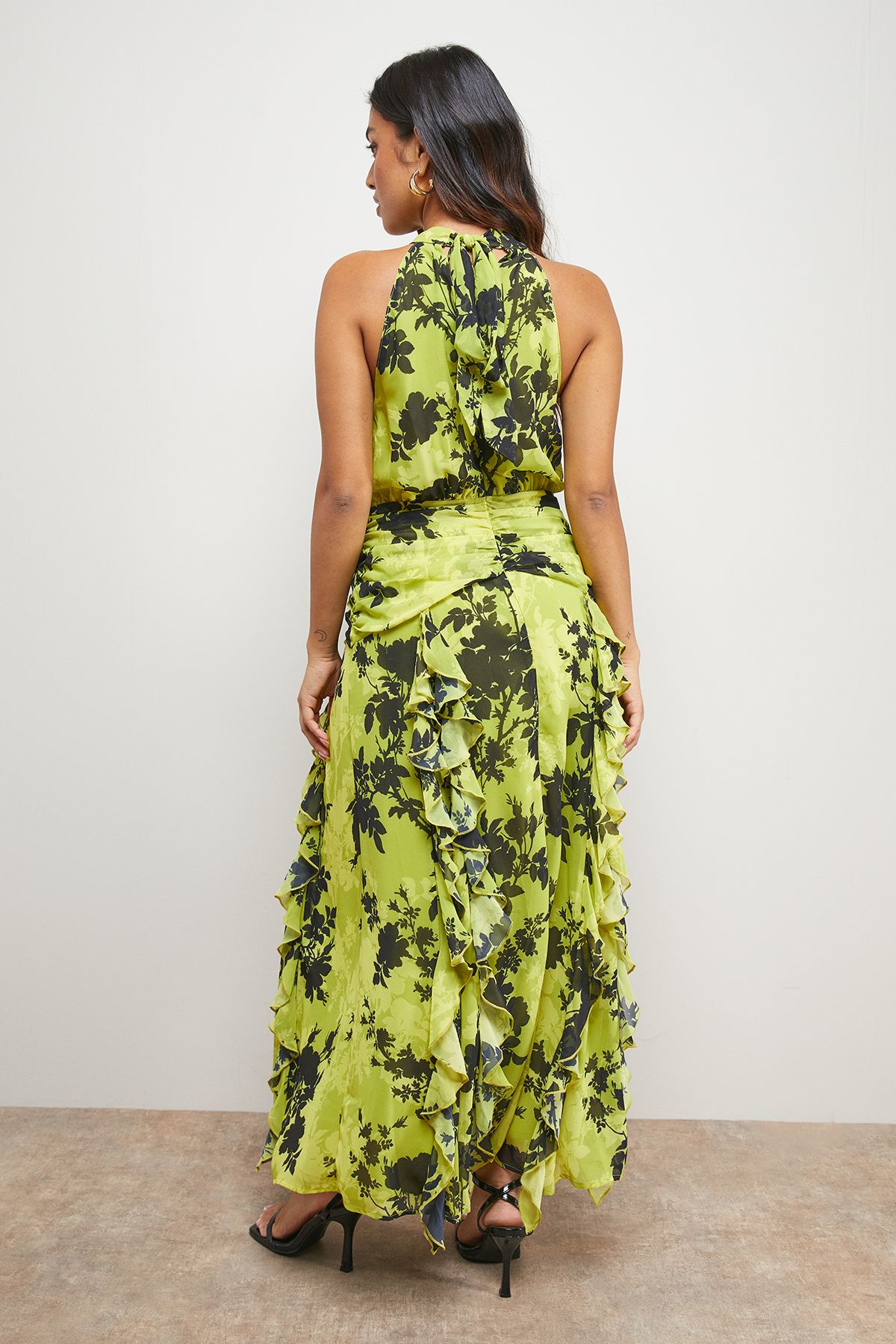 Oasis Petite Printed Ruched Waist Ruffle Front Halterneck Maxi Dress Multi image 3