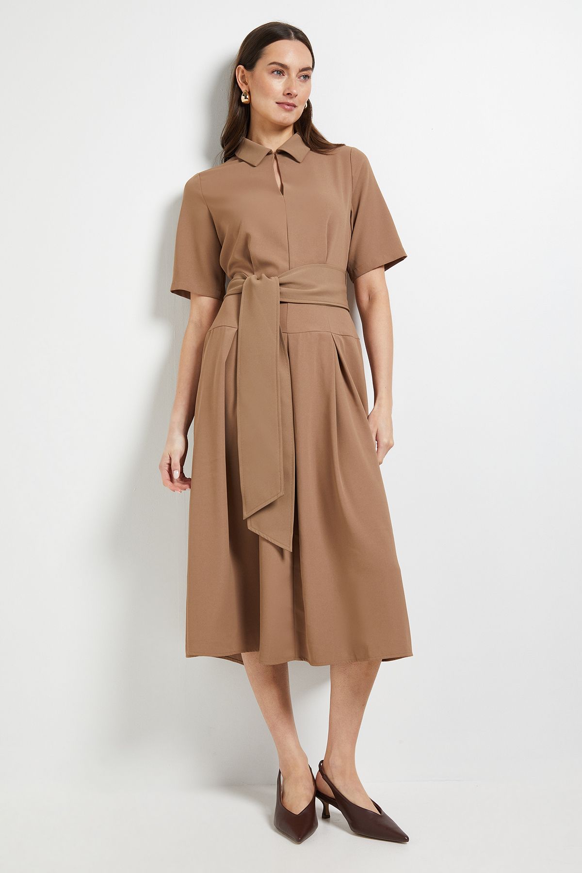 Principles Short Sleeve Collared Tie Waist Midi Dress Camel