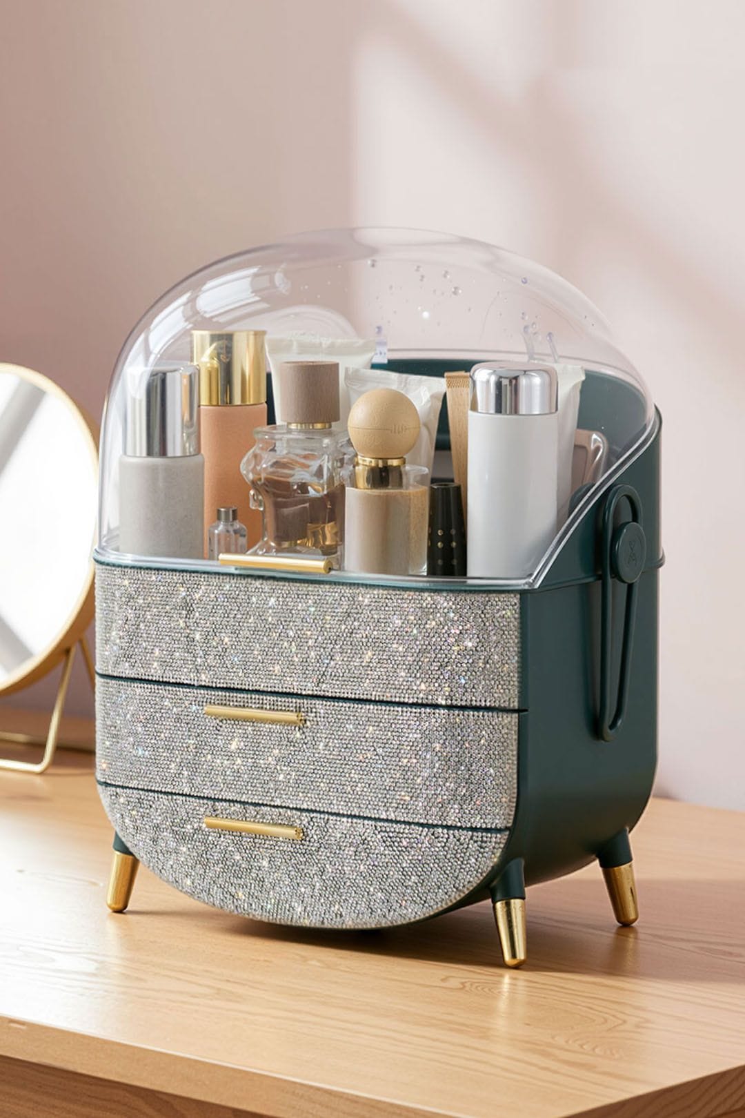 SHEONLY Countertop Portable Oval Makeup Storage Box with Transparent Cover image 3