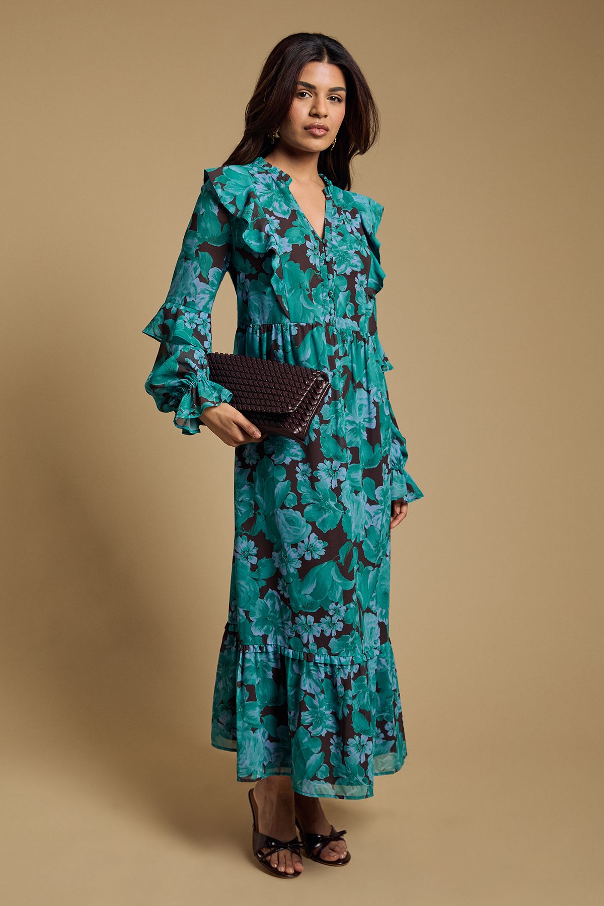 Oasis Petite Long Sleeve Ruffle Chiffon Tiered Maxi Dress Blue image 1