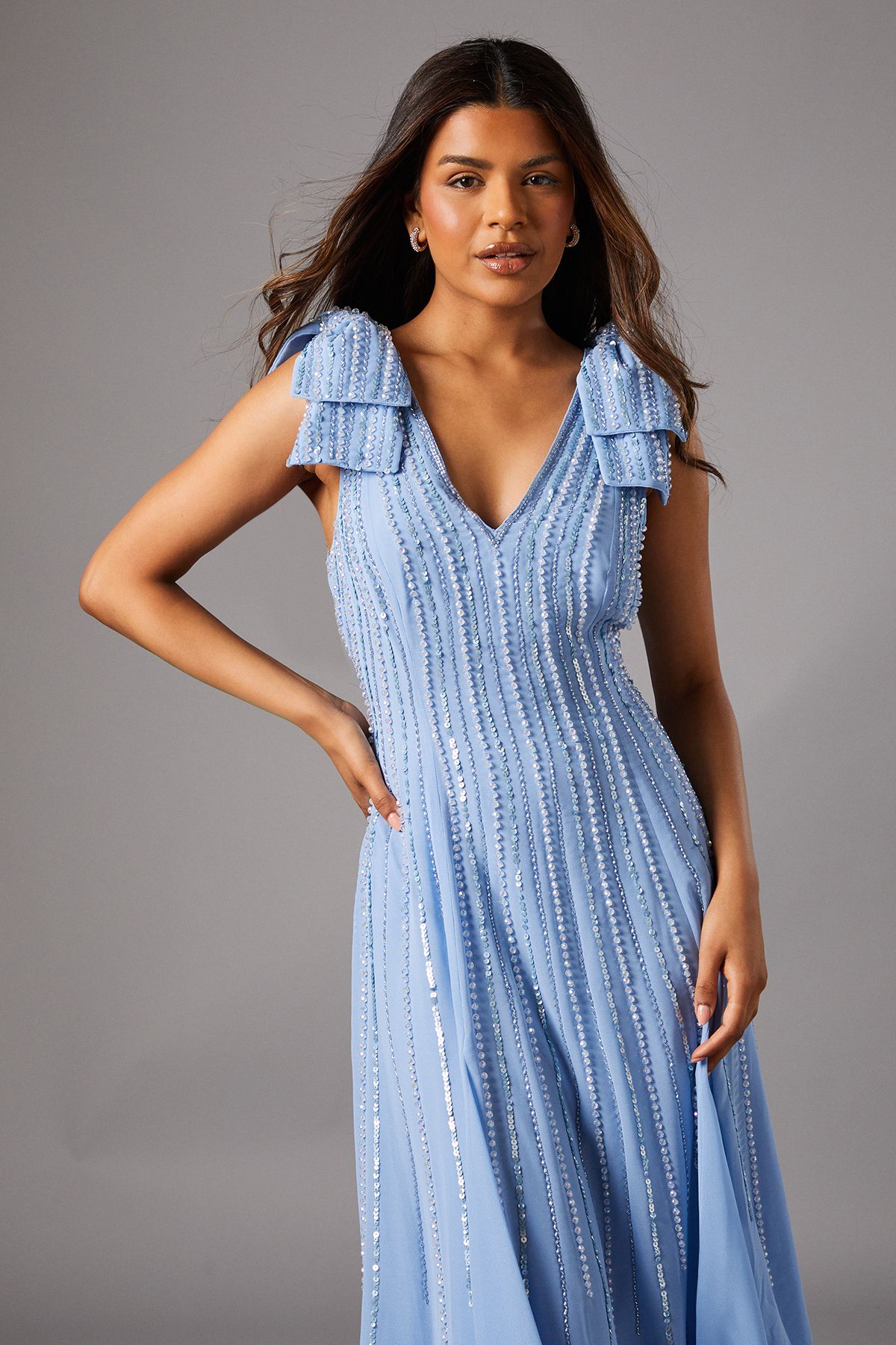 Coast Petite Bow Shoulder Embellished Midi Dress Cornflower Blue image 2