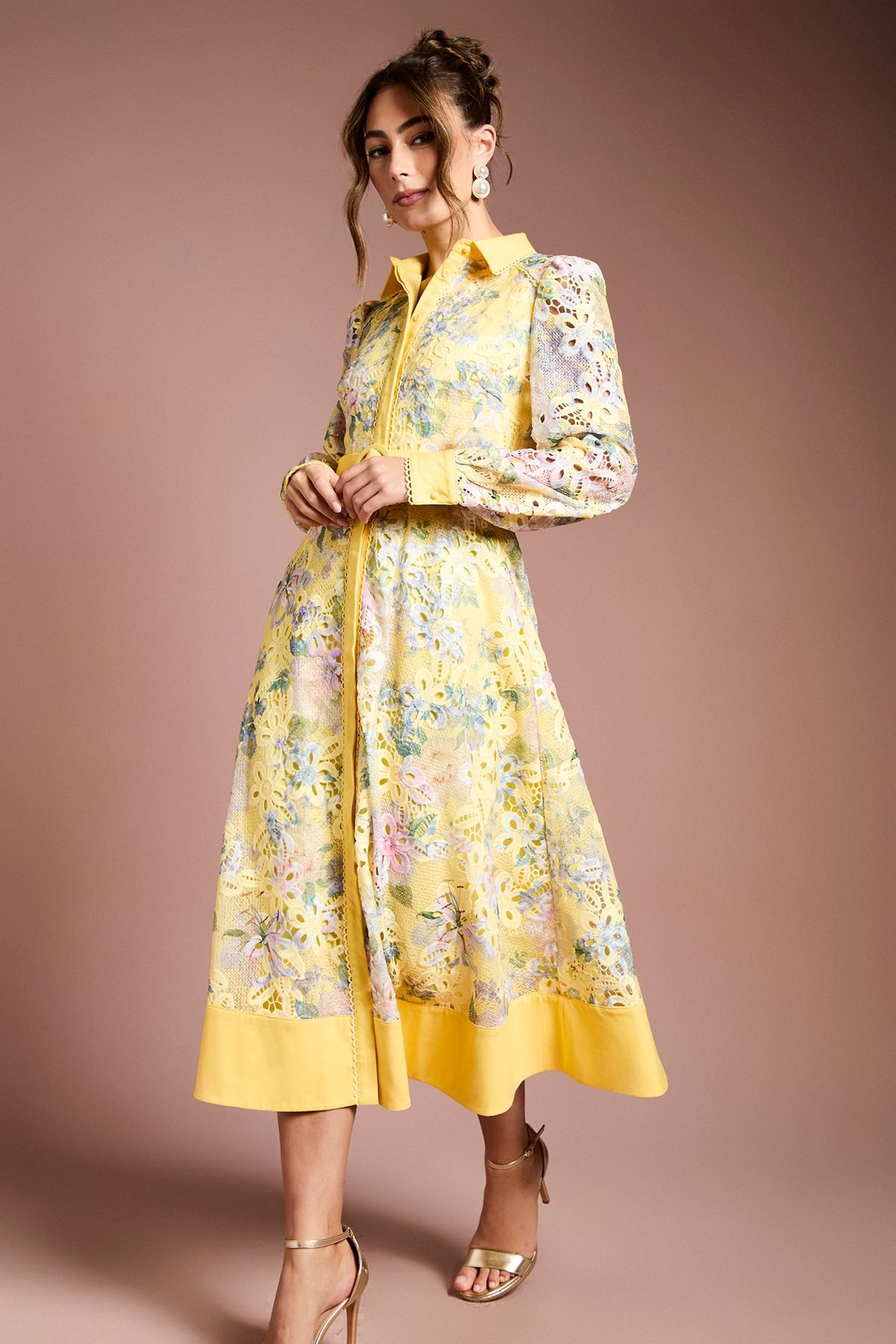 Coast Cutwork Lace Printed Shirt Dress Yellow image 2