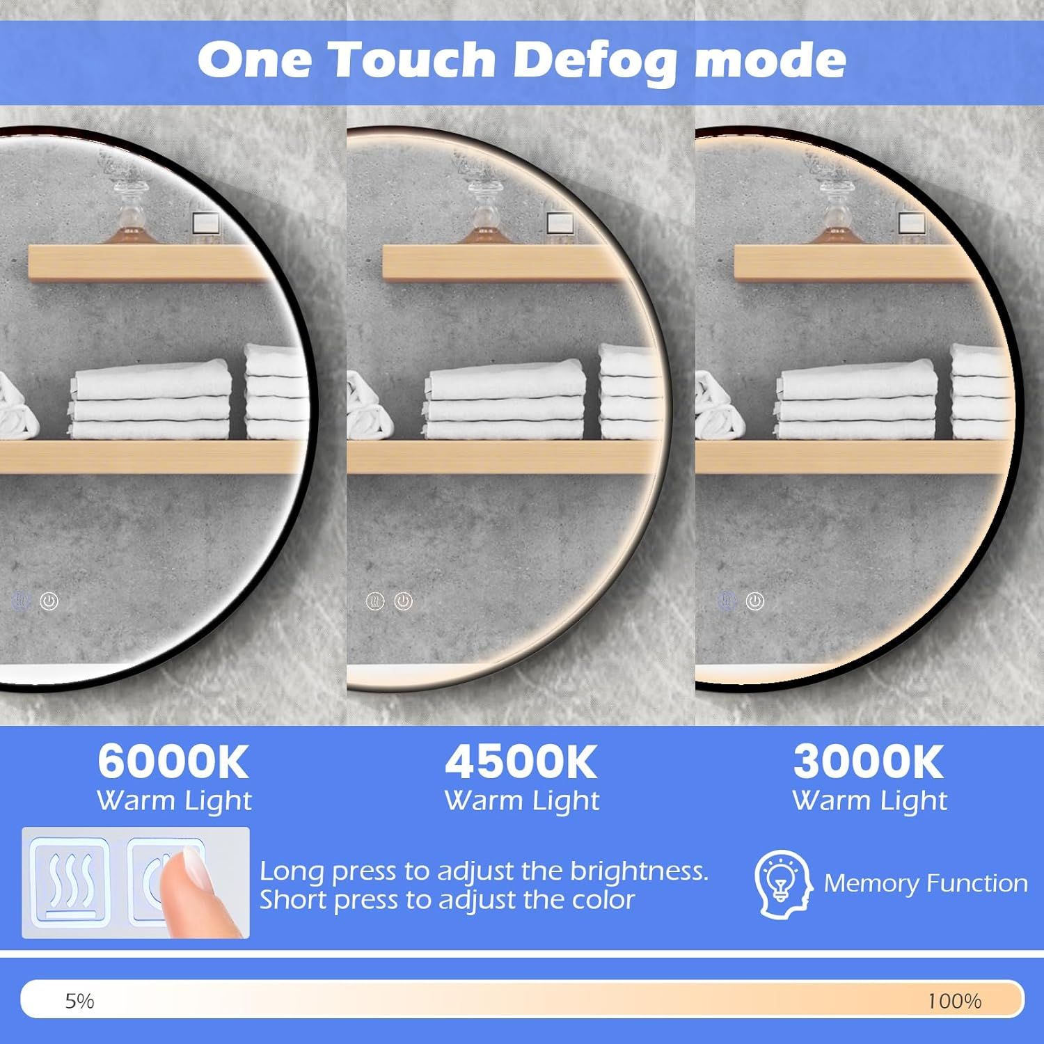 Gymax 60 CM Round Bathroom Mirror Vanity Mirror With 3-Color LED Lights image 3