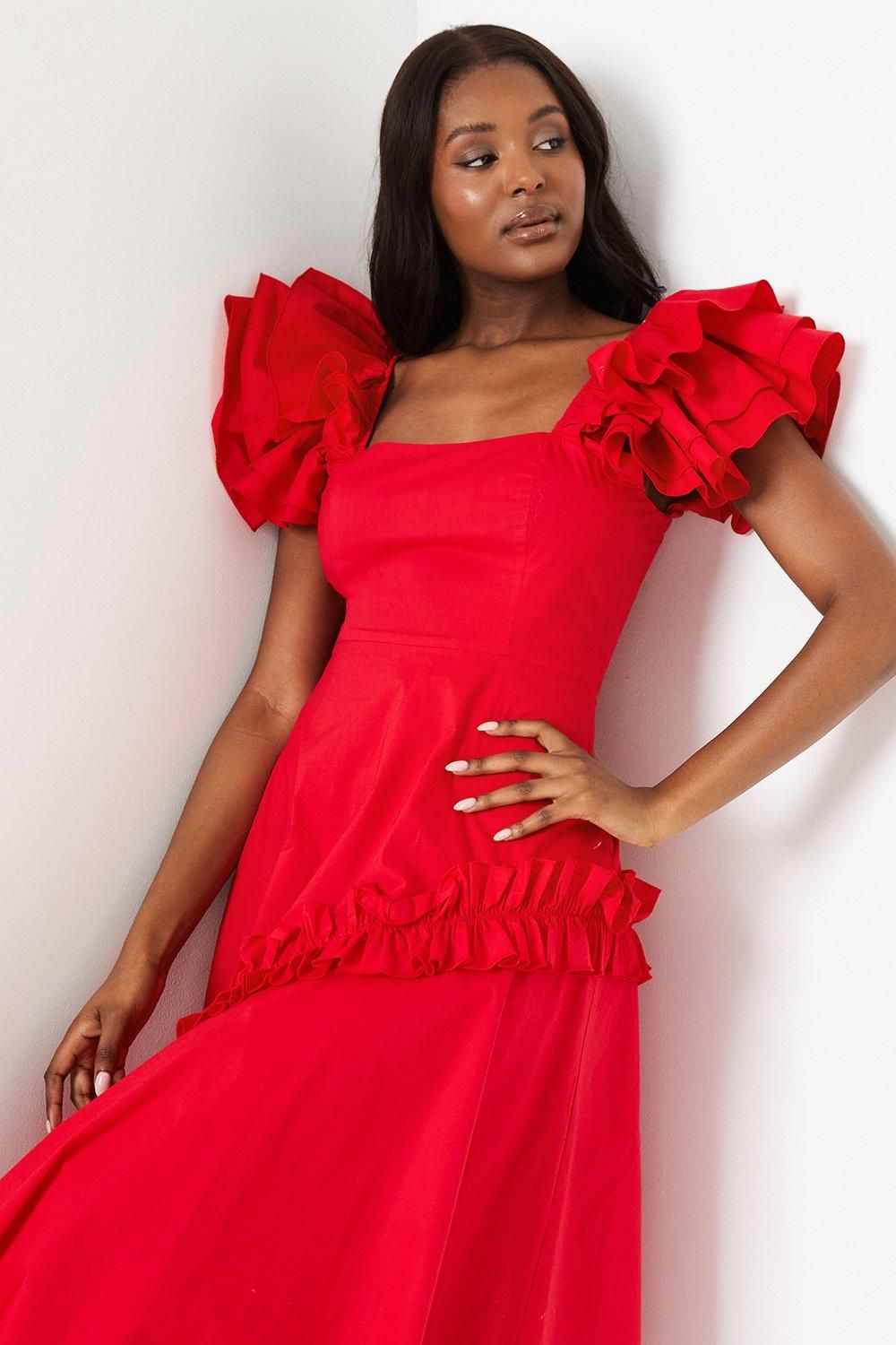 Coast Frill Sleeve Ruffle Skirt Cotton Midi Dress Red image 4
