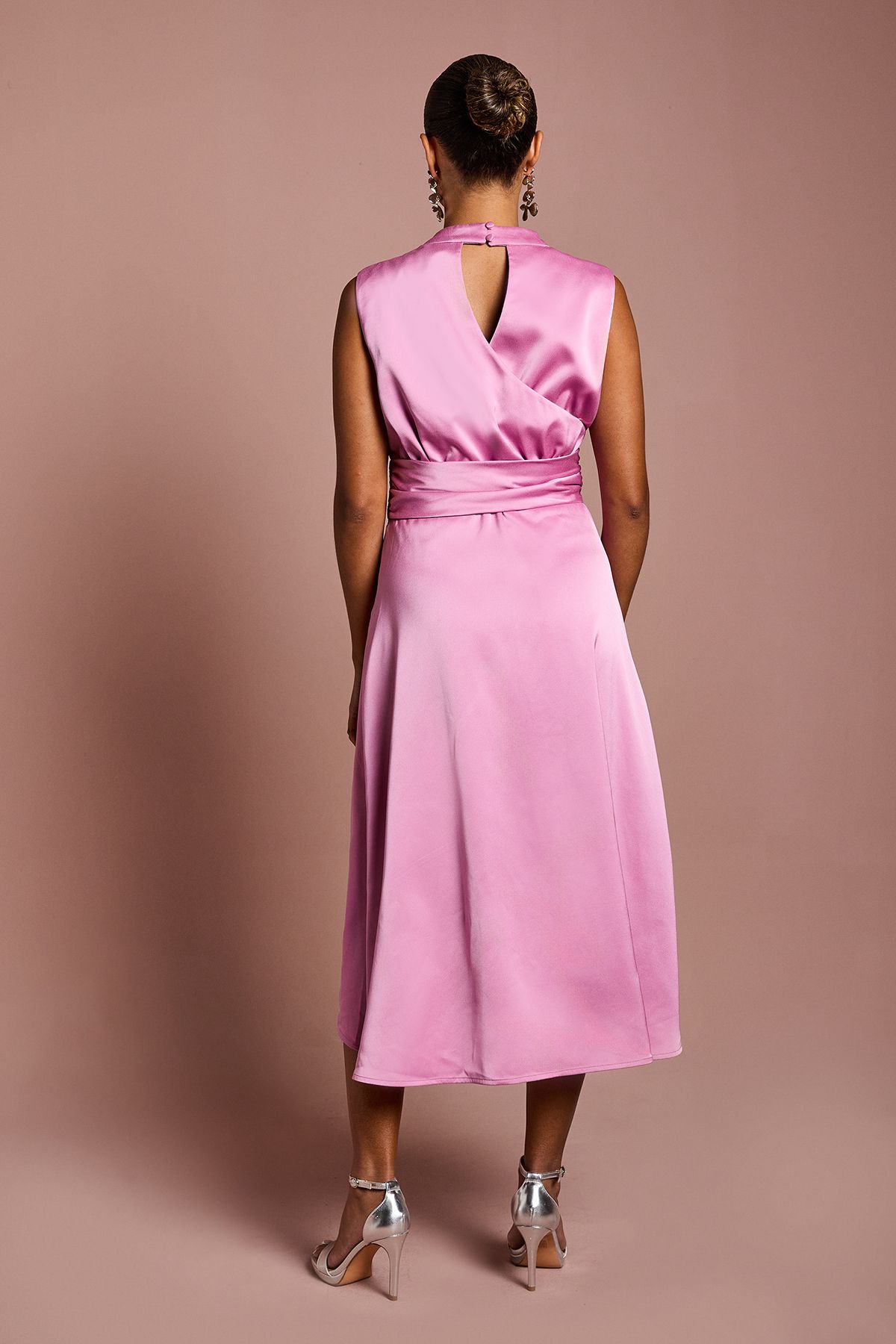 Coast Petite Satin Midi Dress With Twist Waist Pink image 3