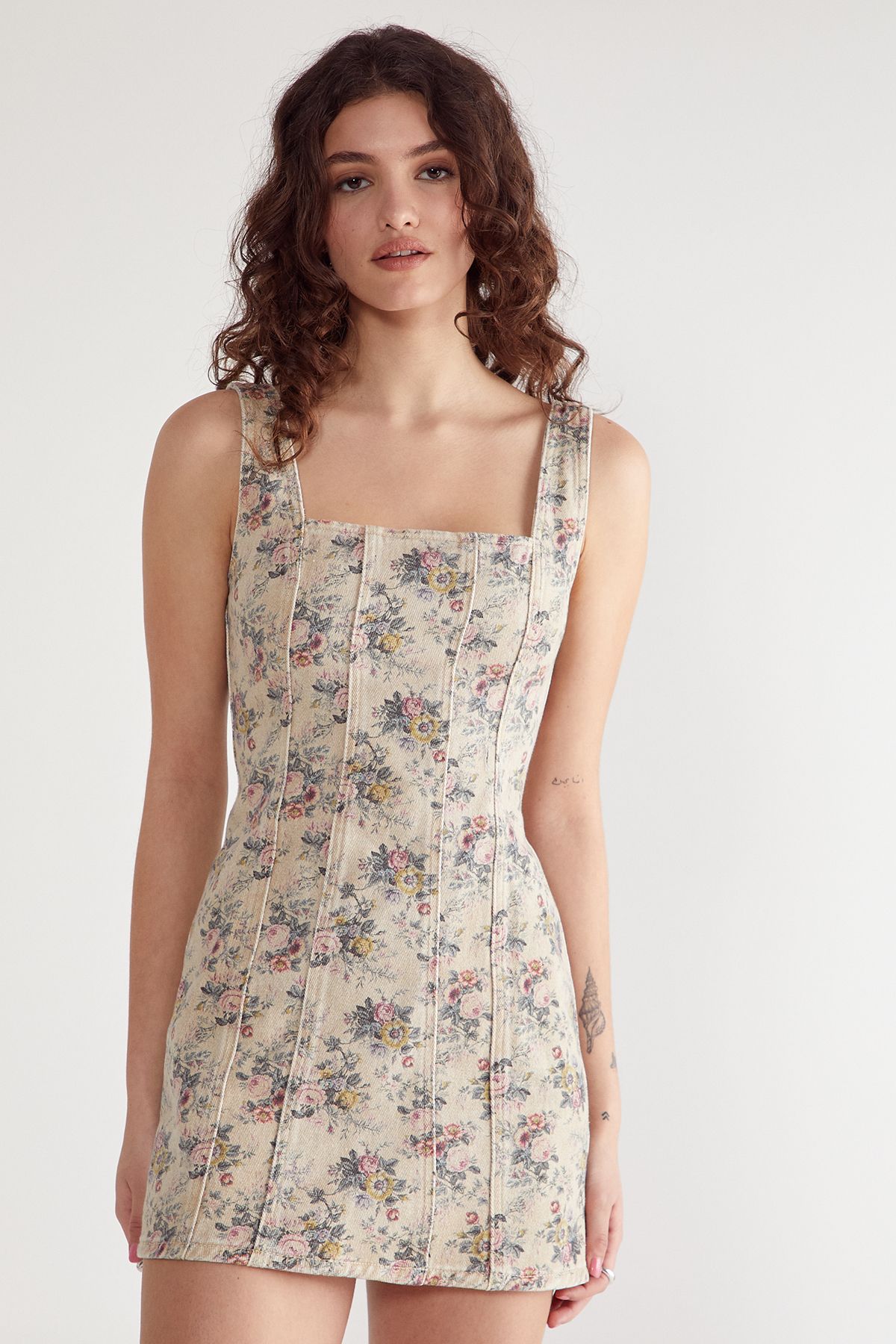 NastyGal Floral Printed Denim Mini Dress Multi image 2