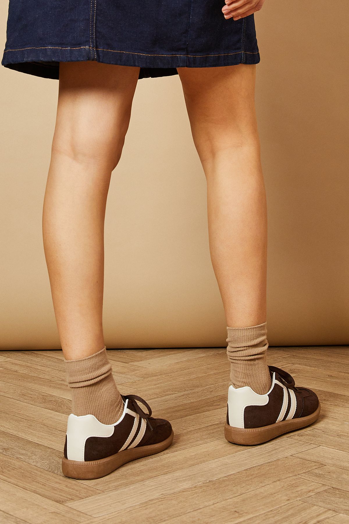 Oasis Anjali Faux Suede Contrast Stripe Lace Up Trainers Brown image 3