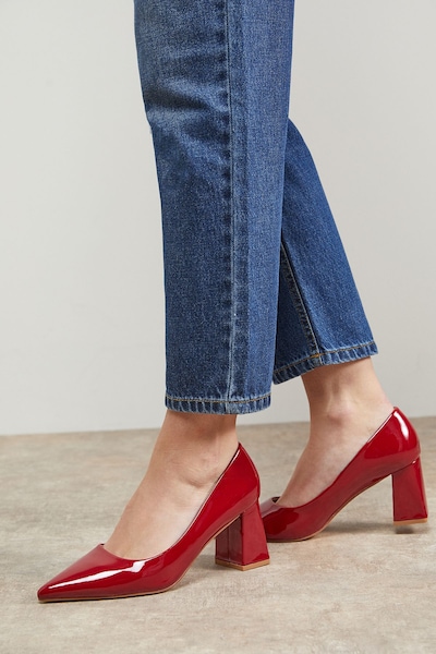 Oasis Val Faux Patent Leather Pointed High Block Heel Courts Cherry