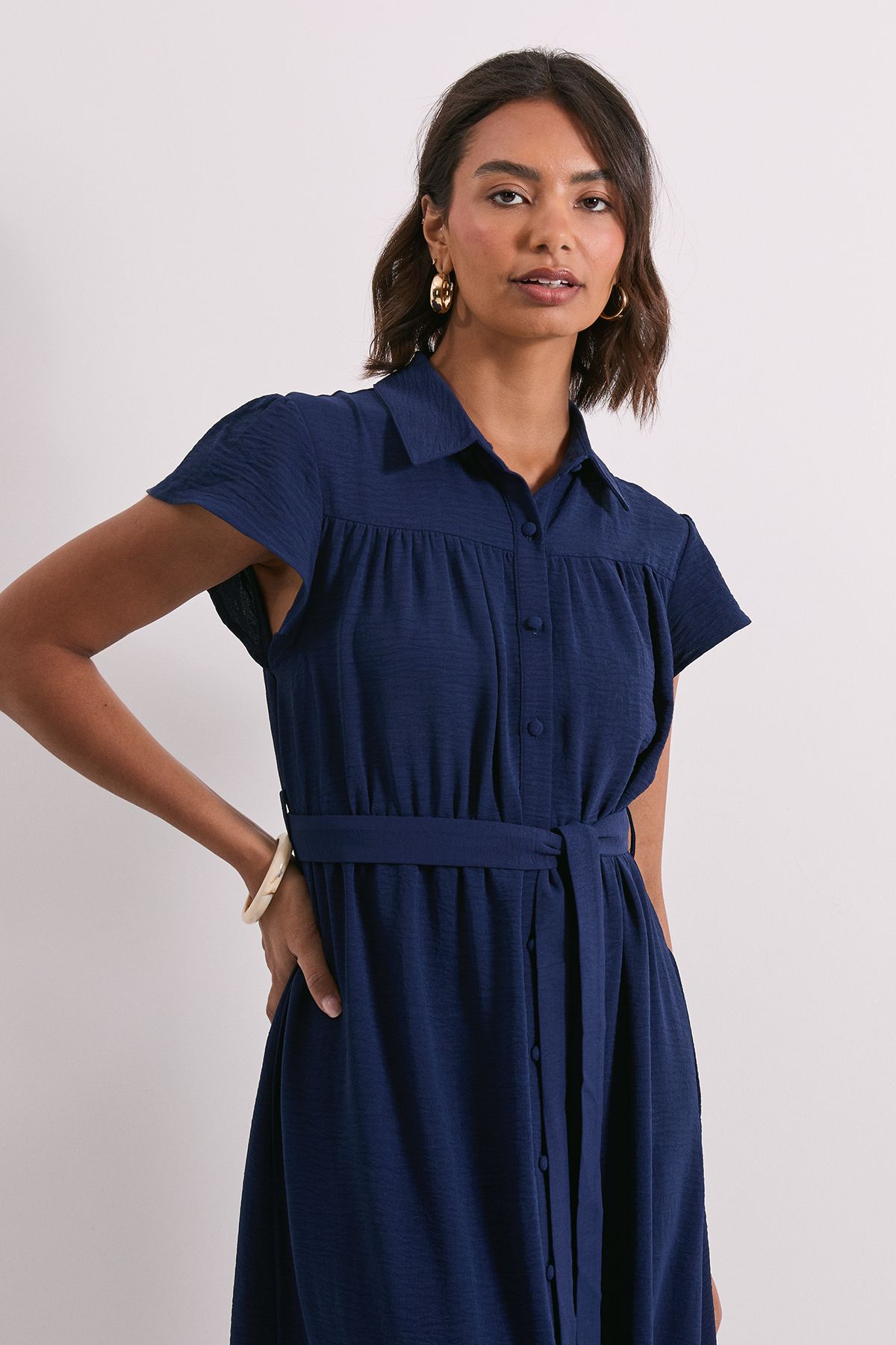 Dorothy Perkins Frill Sleeve Belted Midi Shirt Dress Navy image 2