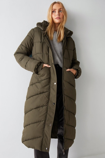 Warehouse Teddy Lined Padded Maxi Duvet Coat Washed Khaki