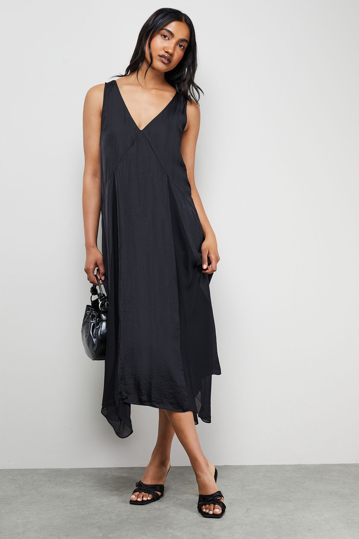 Warehouse Satin Sleeveless Asymmetric Hem Chiffon Godet Midi Dress Black image 1