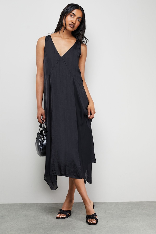 Warehouse Satin Sleeveless Asymmetric Hem Chiffon Godet Midi Dress Black