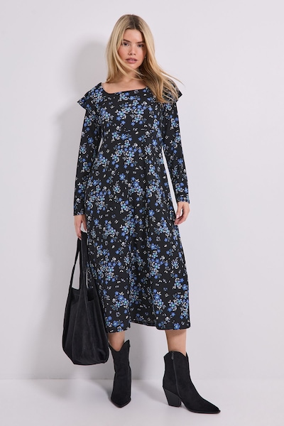 Dorothy Perkins Floral Square Neck Ruffle Shoulder Jersey Midi Dress Blue