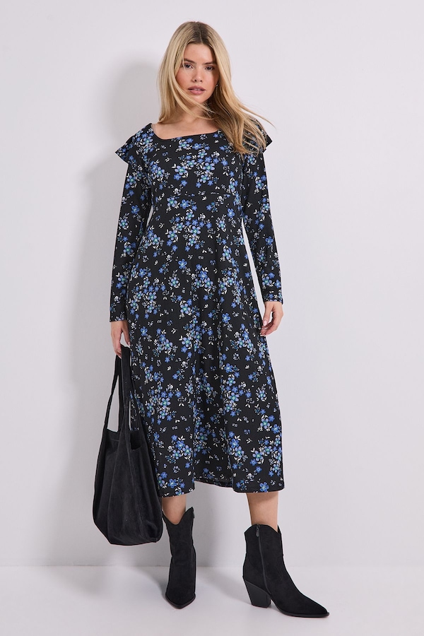 Dorothy Perkins Floral Square Neck Ruffle Shoulder Jersey Midi Dress Blue