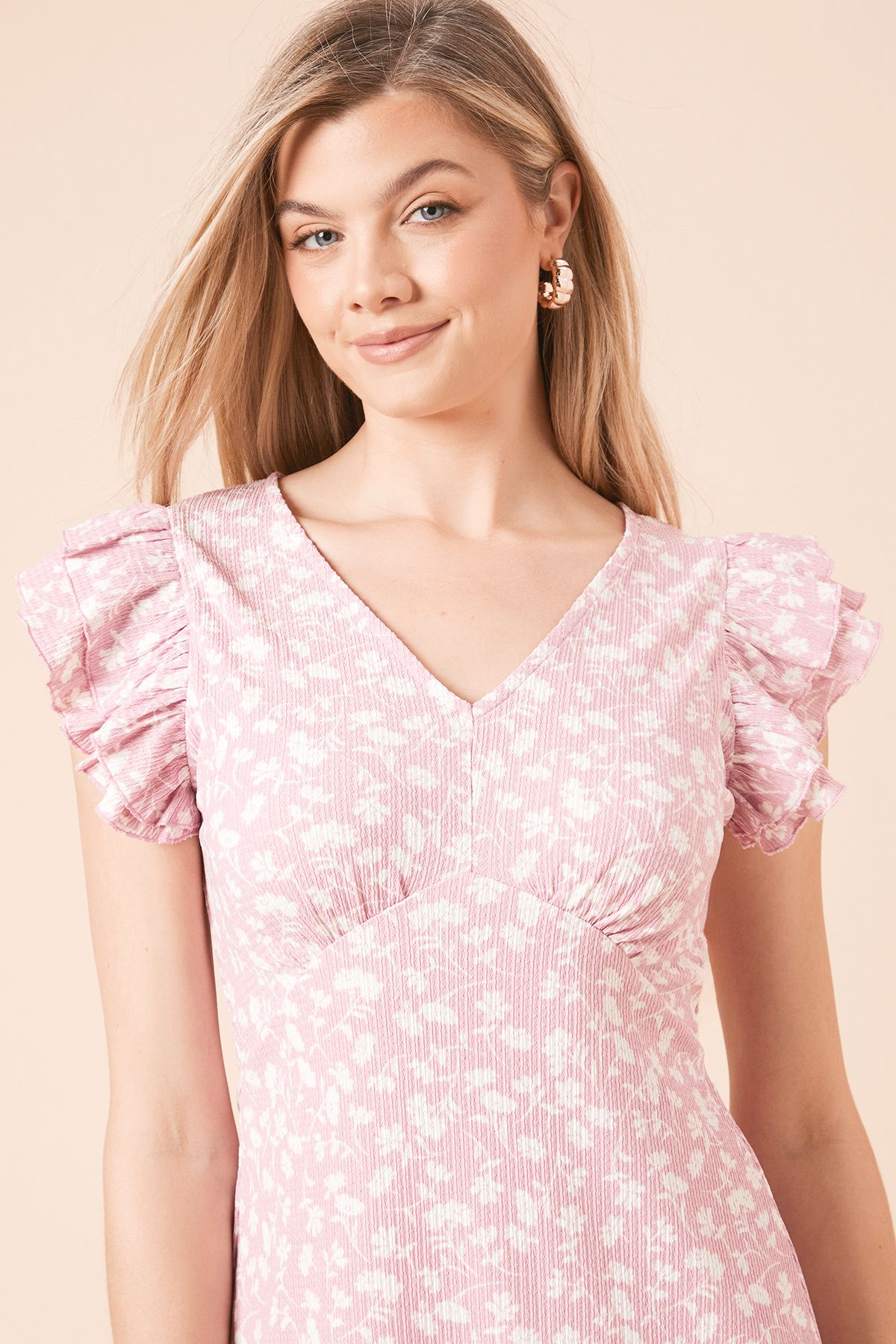 Dorothy Perkins Floral Frill Sleeve V Neck Mini Dress Pink image 3