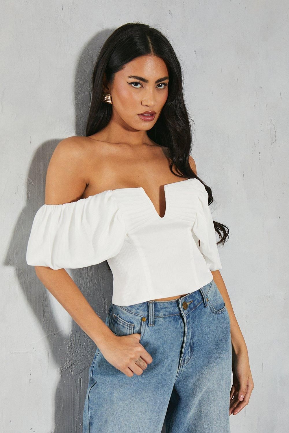 MissPap Textured Satin Pleated Bust Frill Bardot Top Ivory image 4