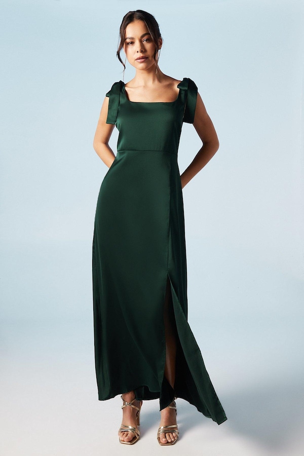 Oasis Satin Tie Shoulder Midi Bridesmaids Dress Emerald