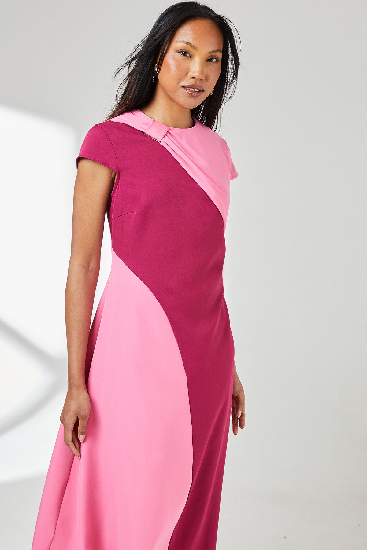 Principles Pink Knotted Neck Detail Colour Block Midi Dress Pink image 2