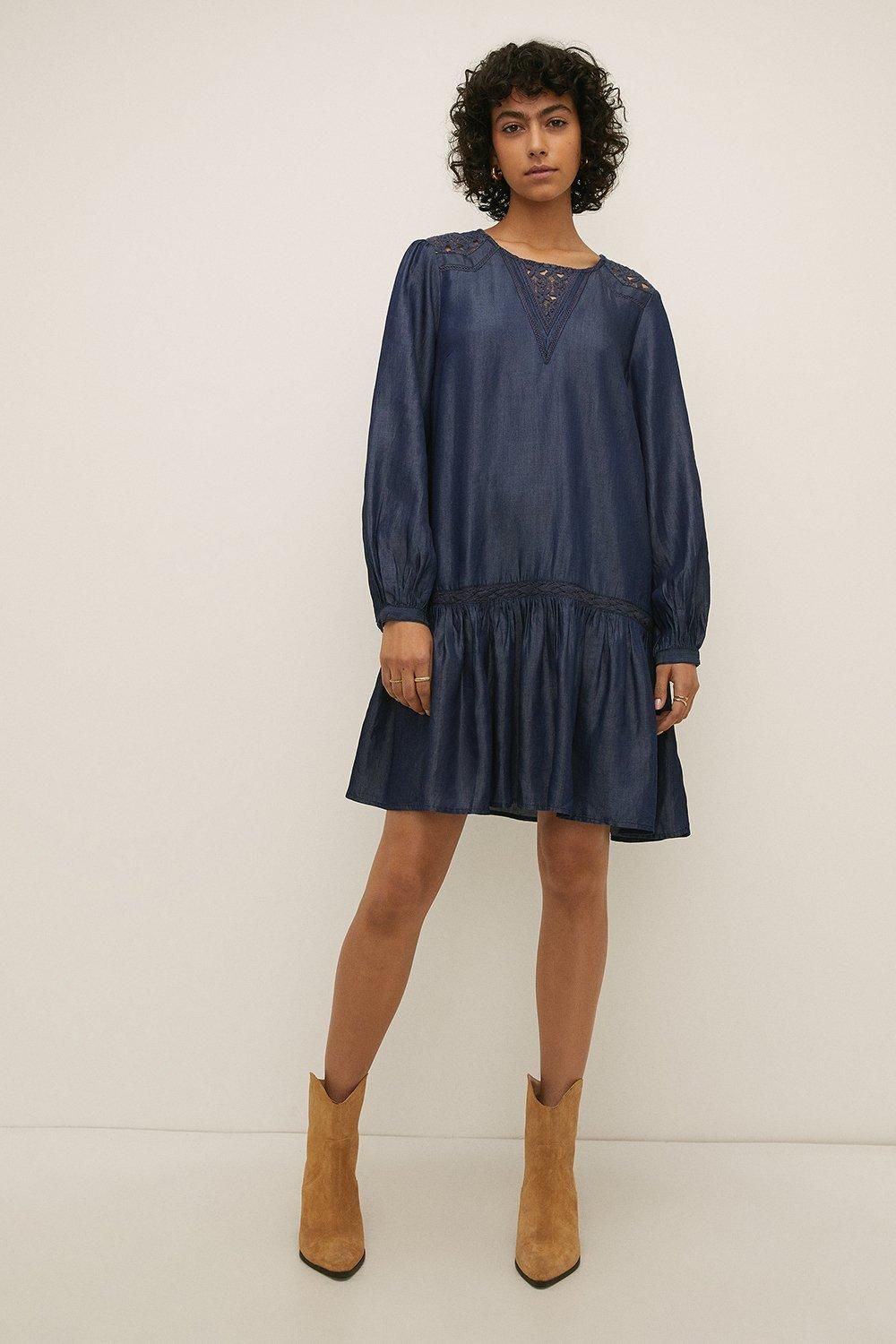 Oasis Cut Work Yoke Thread Dress Dark Wash