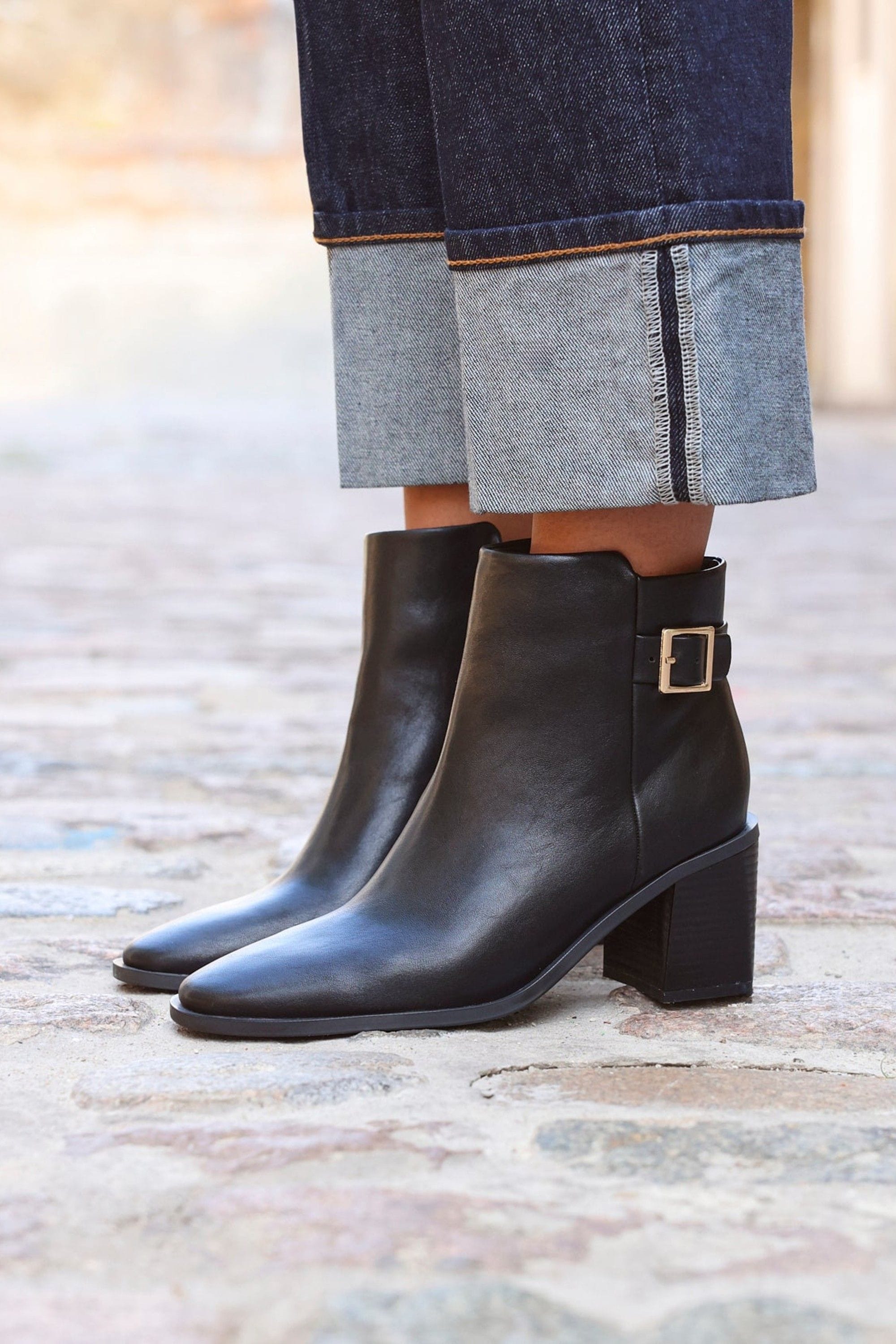 Linzi Rise Black Faux Leather Block Heeled Ankle Boot image 2